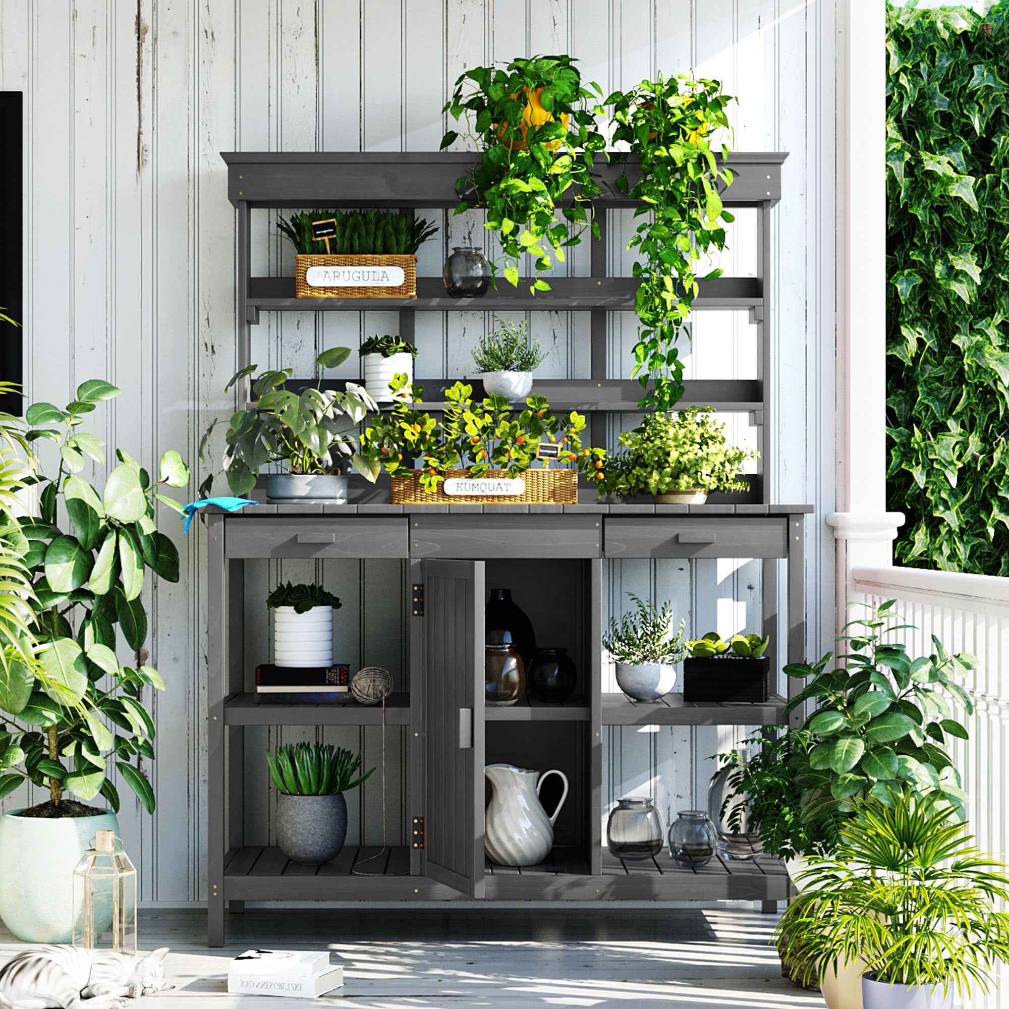 Large Wooden Potting Bench Table with Drawers and Shelves - Gray