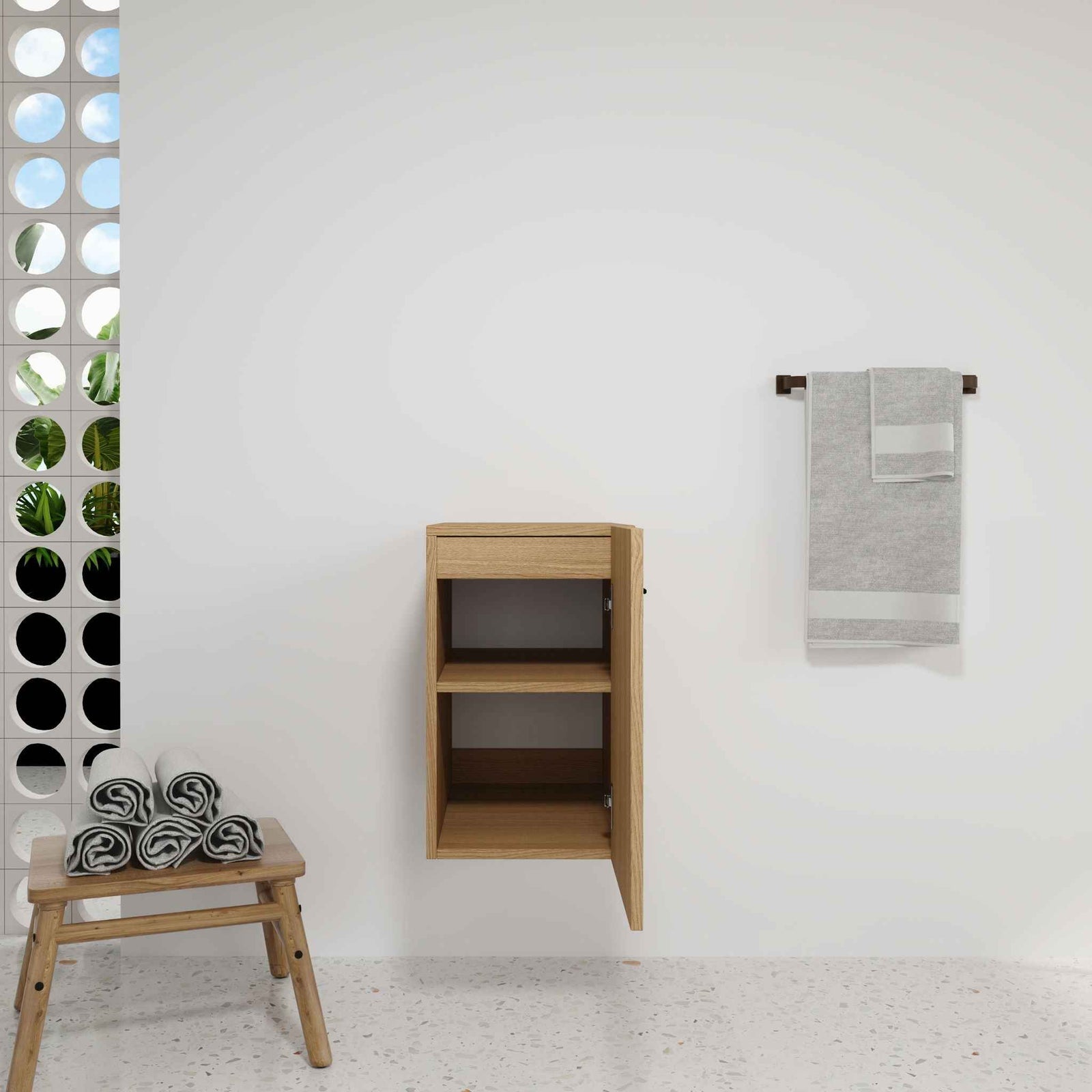 Floating Bathroom Vanity Single Door Base Cabinet, Wall Mounted Storage - Light Oak