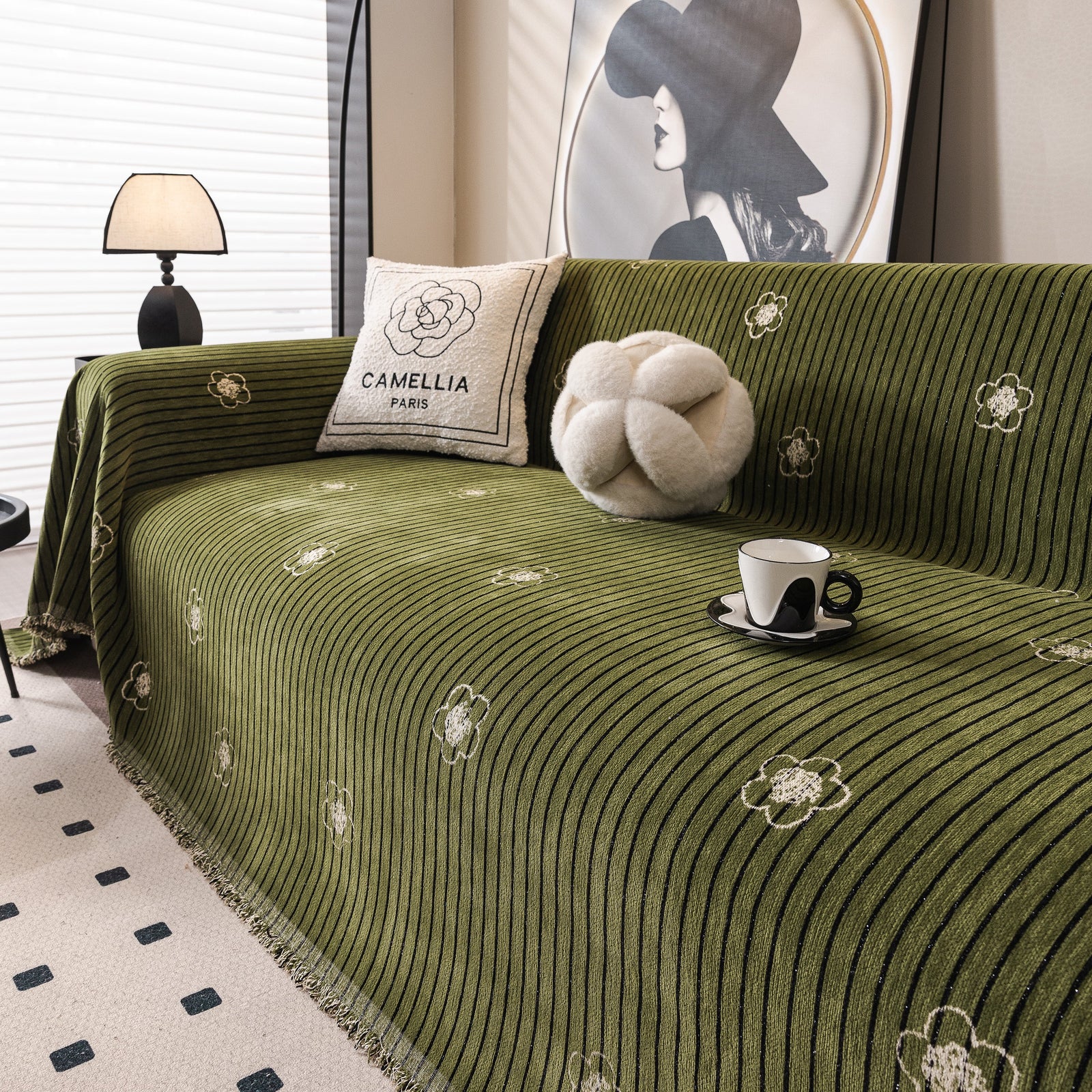 Chenille Camellia Floral Sofa Throw Cover Couch Blanket with Striped Jacquard