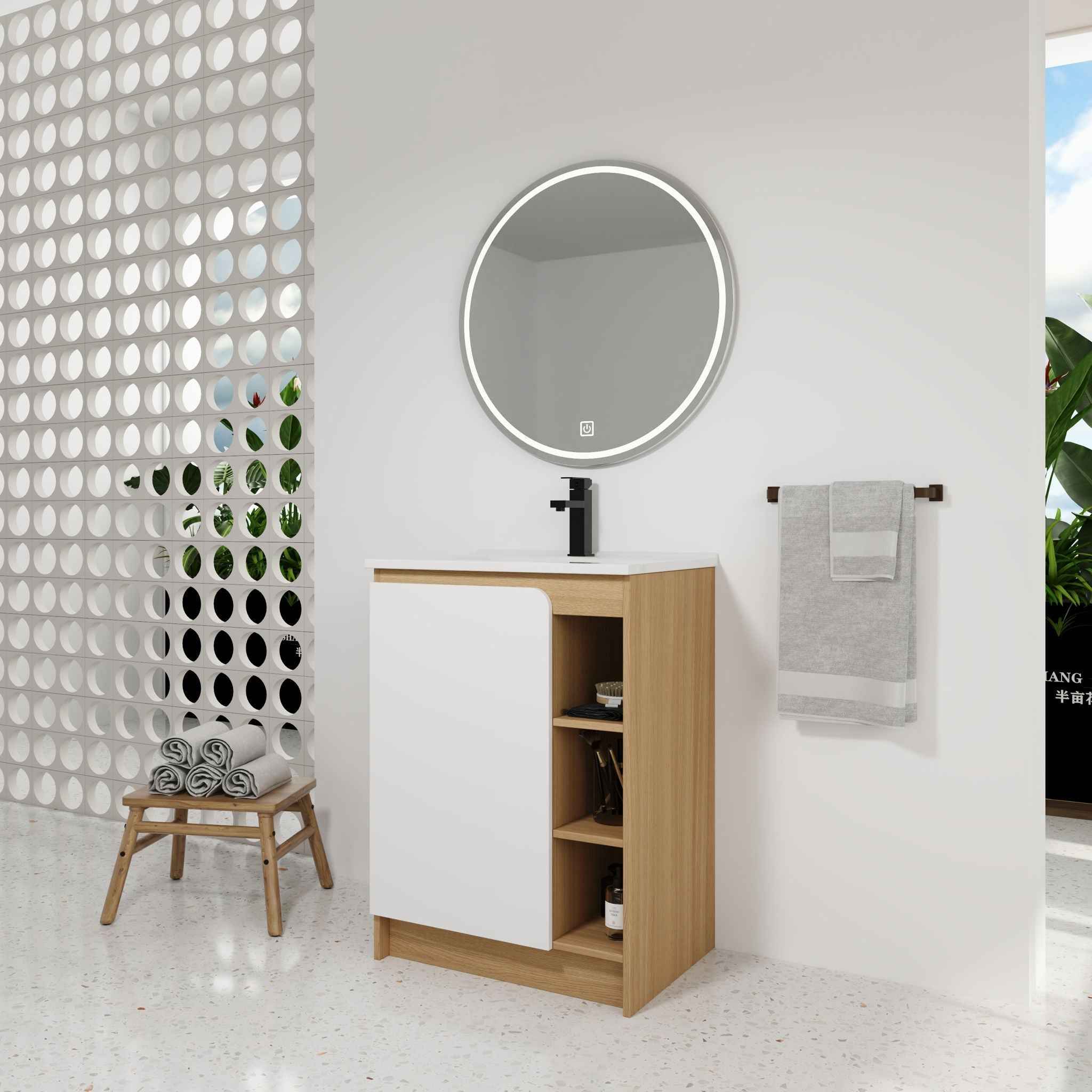 Freestanding Bathroom Vanity With Thin Rim Sink, Single Door With 4 Tier Open Shelves - Light Oak / White