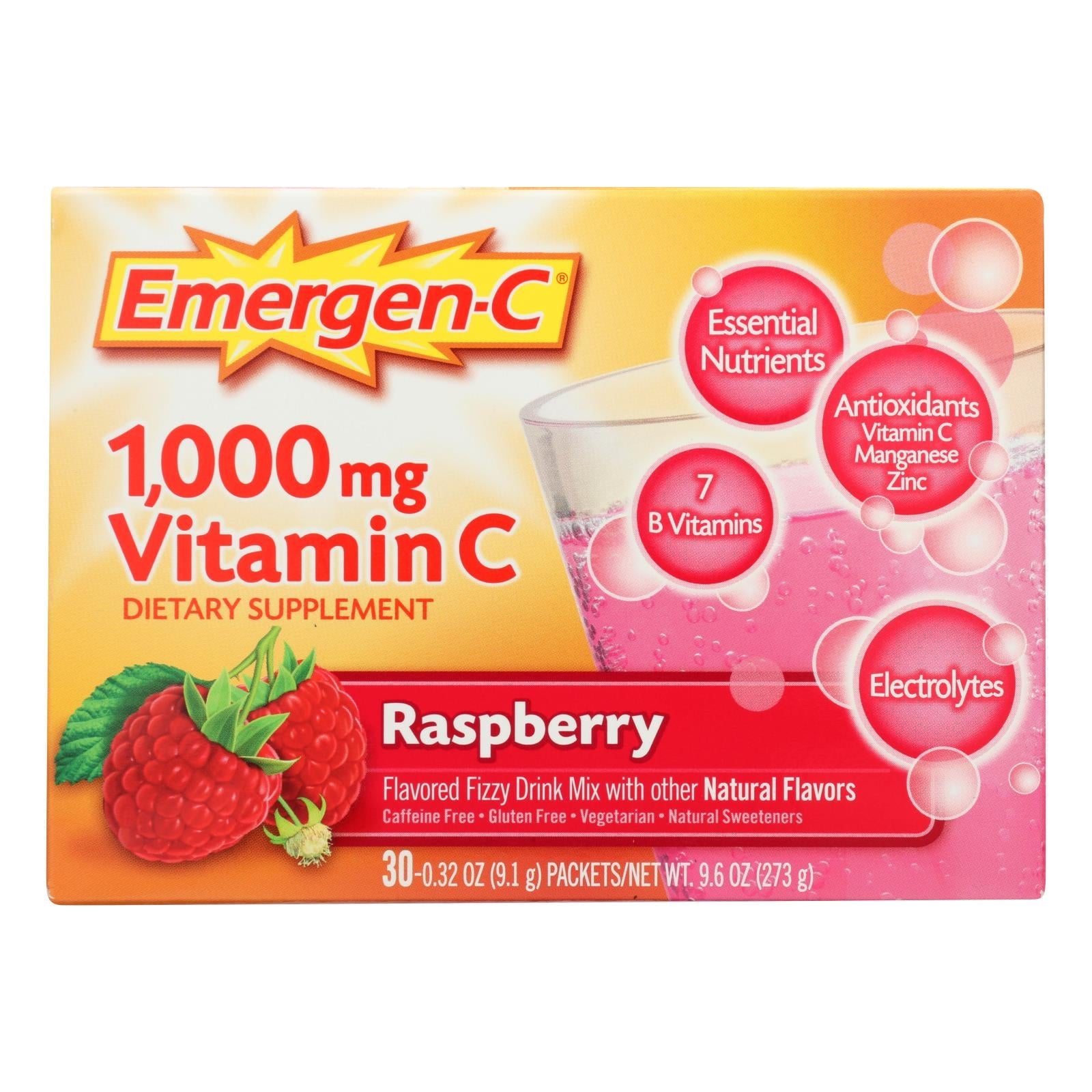 Emergen-C Raspberry Flavor Enhanced Immune Support Drink Mix Packets, 30 Count (Pack of 3)