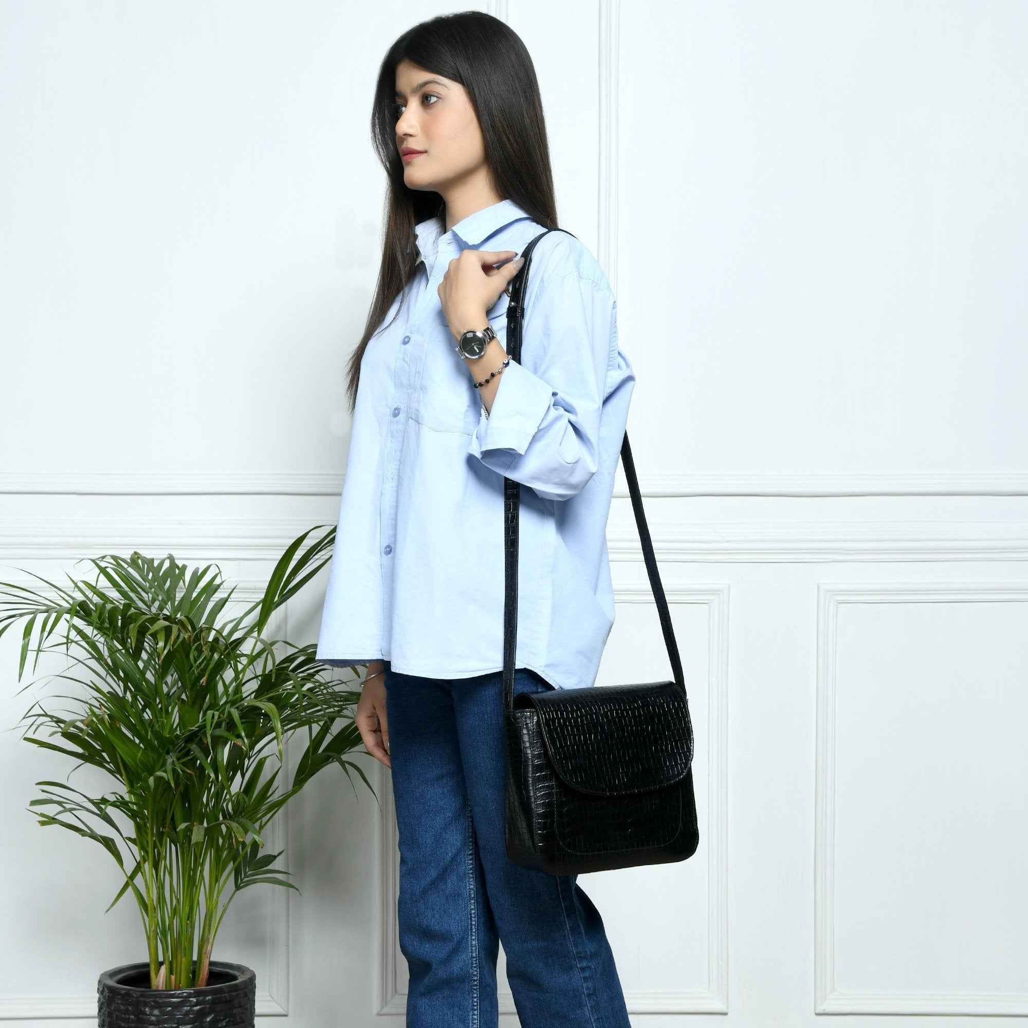 Diva Black Croco Sling Bag