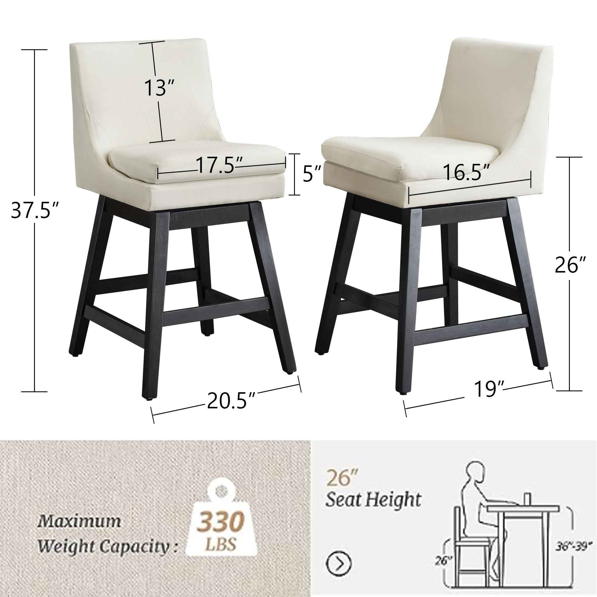 Upholstered Swivel Bar Stools With Ergonomic Design (Set of 2) - Cream White