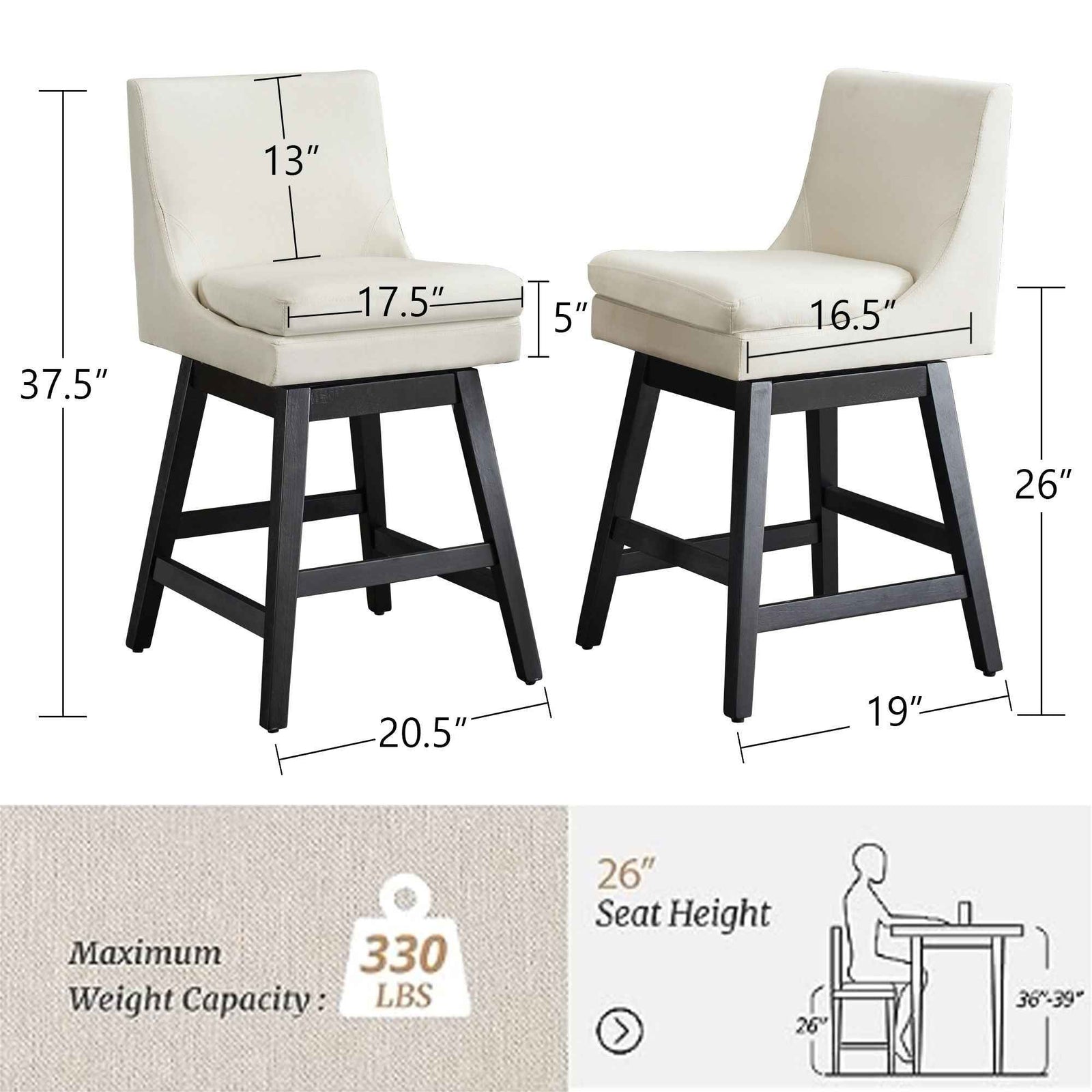 Upholstered Swivel Bar Stools With Ergonomic Design (Set of 2) - Cream White