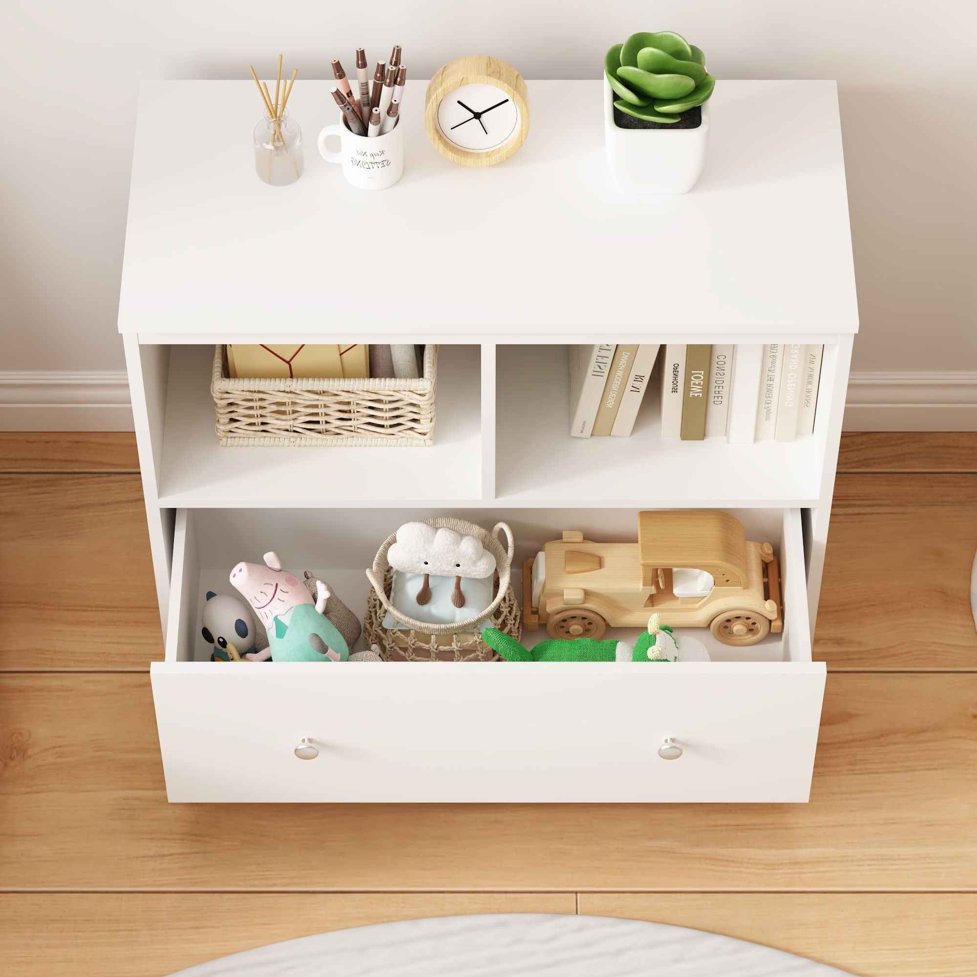 Toy Storage Organizer With Large Drawer And Low Bookshelf For Nursery & Playroom - White