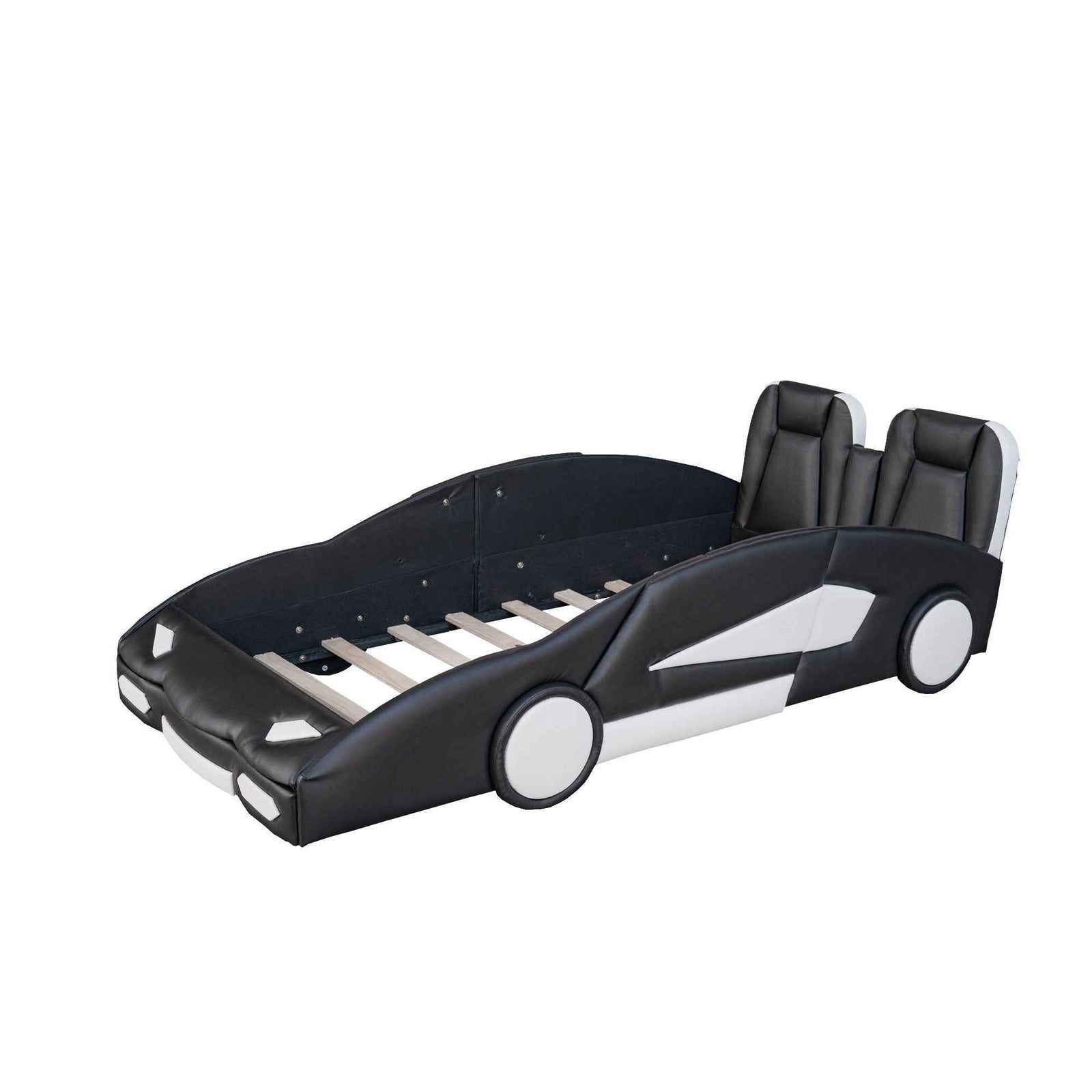 Race Car Shaped Twin Platform Bed With Wheels, Pine Wood Construction