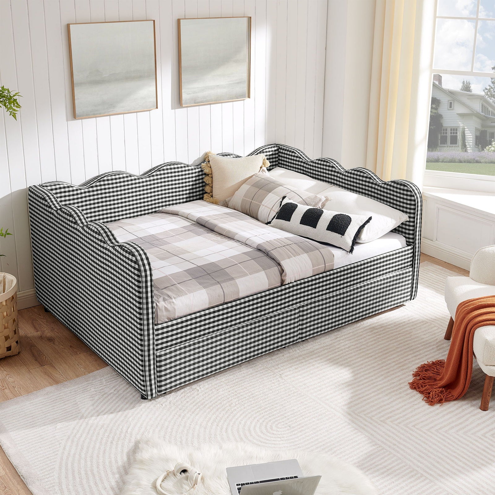Gingham Daybed With USB Charging Port, Wave-Shaped Design