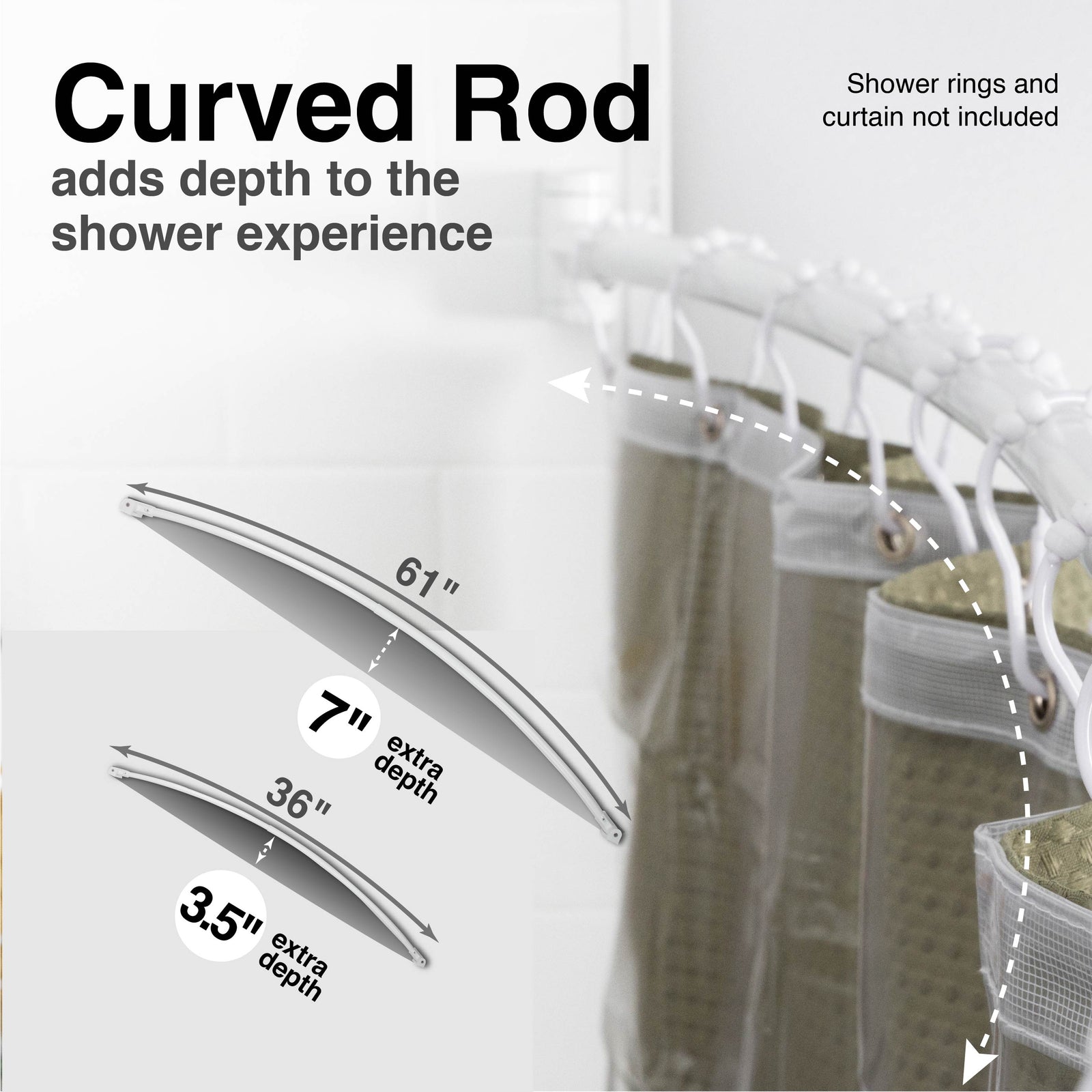 36 in. to 61 in. Curved Shower Rod (White Finish)