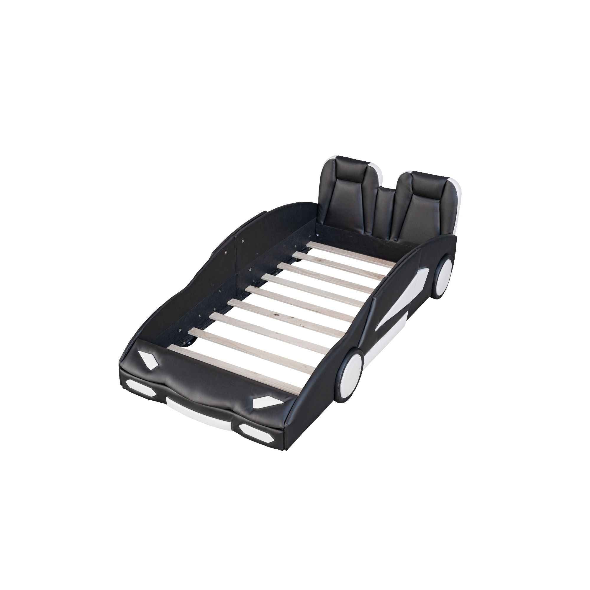 Race Car Shaped Twin Platform Bed With Wheels, Pine Wood Construction