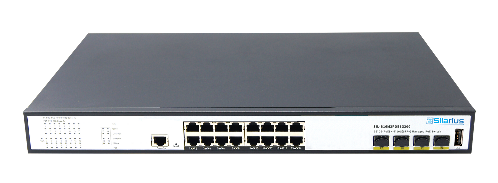 Silarius SIL-B16M3POE1G300 16 Ports 10/100/1000Mbps Gigabit Layer3 Managed PoE+ switch with 4 Ports 10G SFP+ Uplink,1USB, 1 Console, 6KV surge protection,300W,rack mount installation