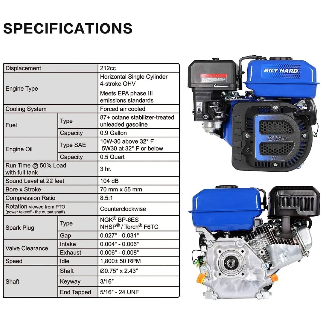 BILT HARD 7HP 212cc Gas Engine, Horizontal Shaft, 4-Stroke OHV, 3/4