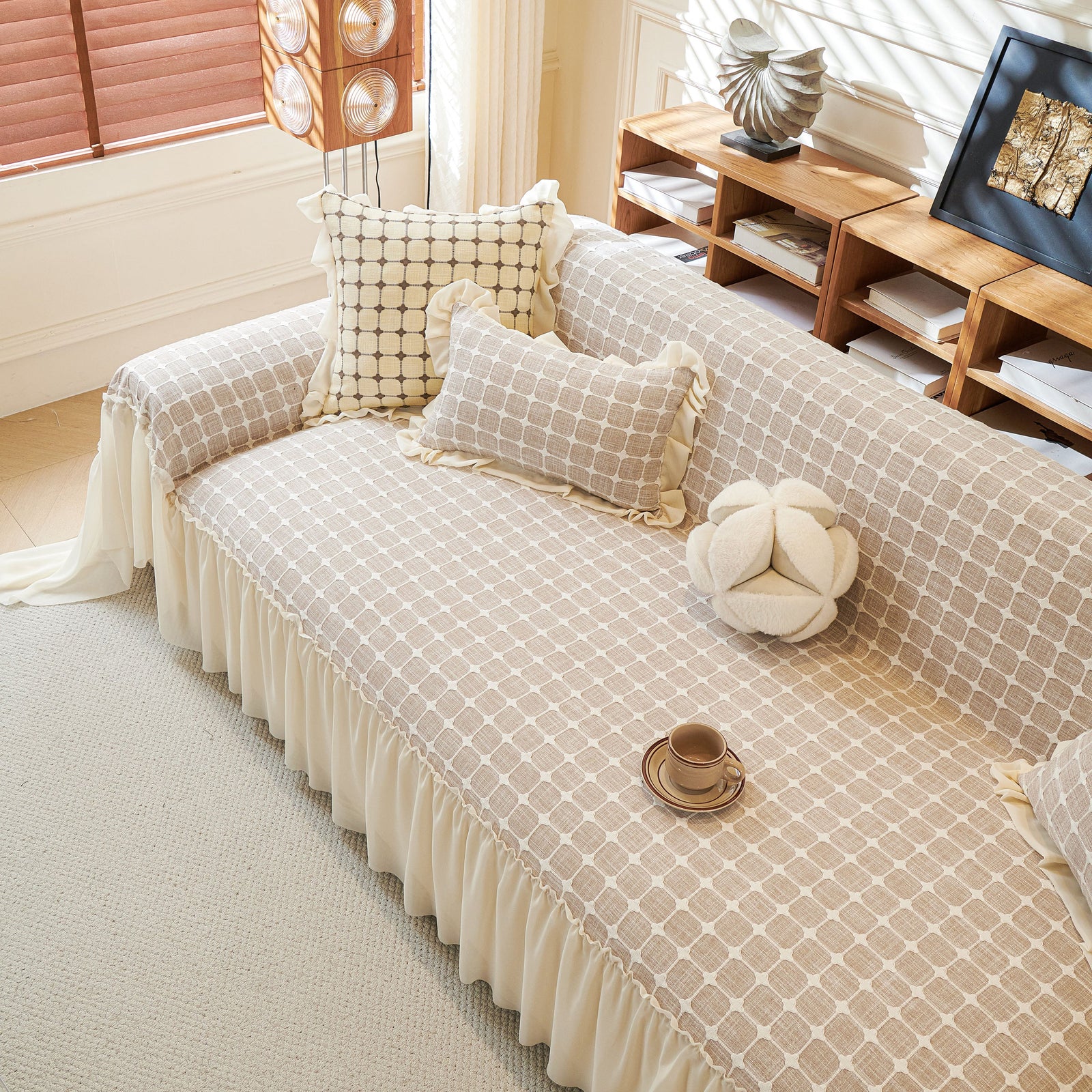 Grid Textured Sofa Cover with Sheer Ruffle Skirt, Pet-Friendly Sofa Throw Slipcover