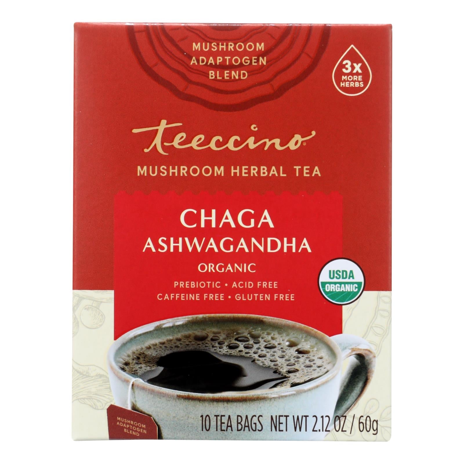 Teeccino Mush Tea Chaga Ashwagandha - Case of 60 Bags