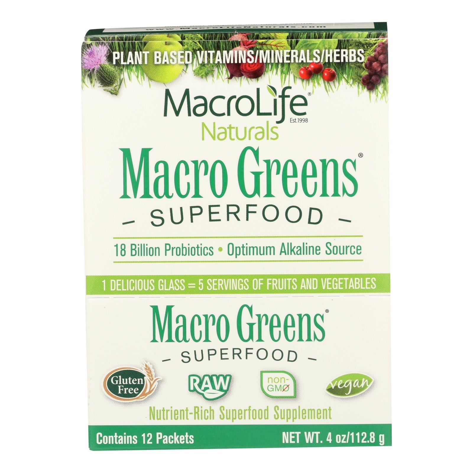 Macrolife Naturals Macro Greens - Superfood Powder Packets, 12 x 4 oz - Vegan Gluten-Free Cleanse