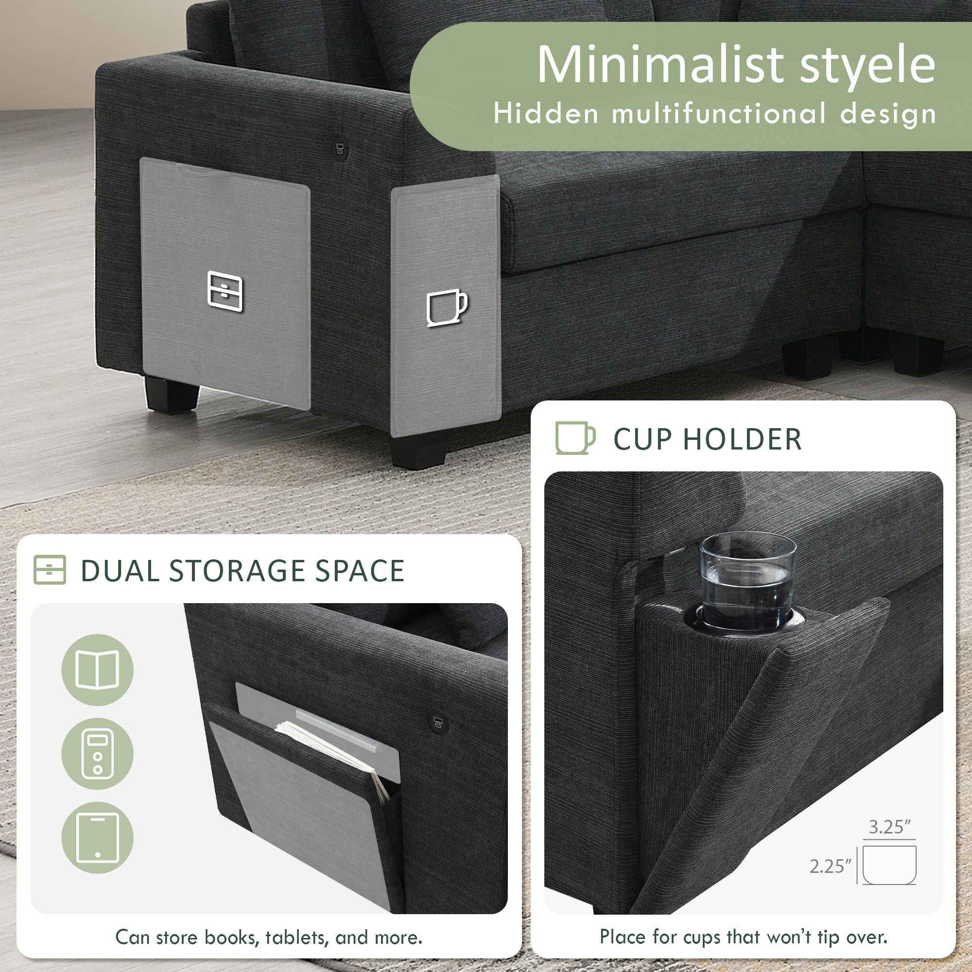 U Shaped Sectional Sofa 6 Seat Couch Set With Oversized Ottoman, Hidden Armrest Storage And Cup Holders USB Charging Ports Wide Seat Sofa