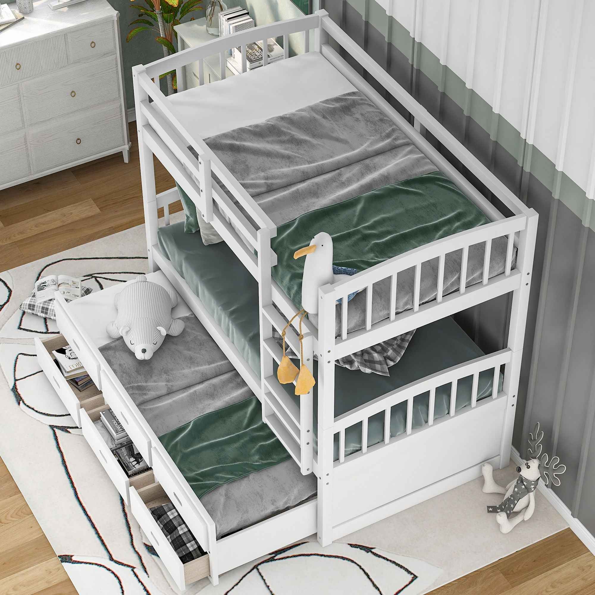 Bunk Bed With Trundle And Drawers, Arched Headboard And Footboard