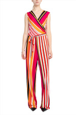 Emma & Michele V-Neck Mock Wrap Top Tie Waist Stripe Print ITY Jumpsuit