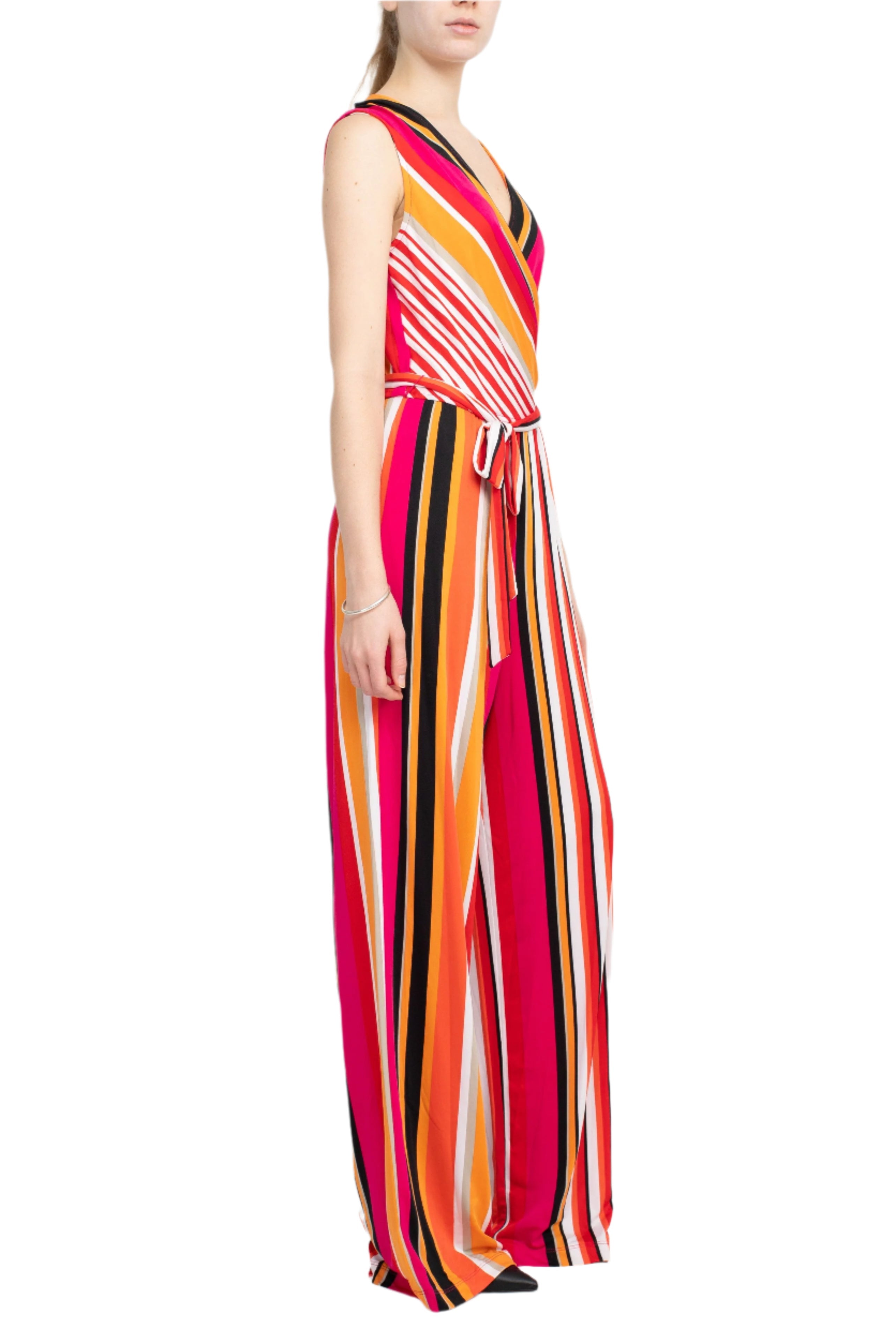 Emma & Michele V-Neck Mock Wrap Top Tie Waist Stripe Print ITY Jumpsuit