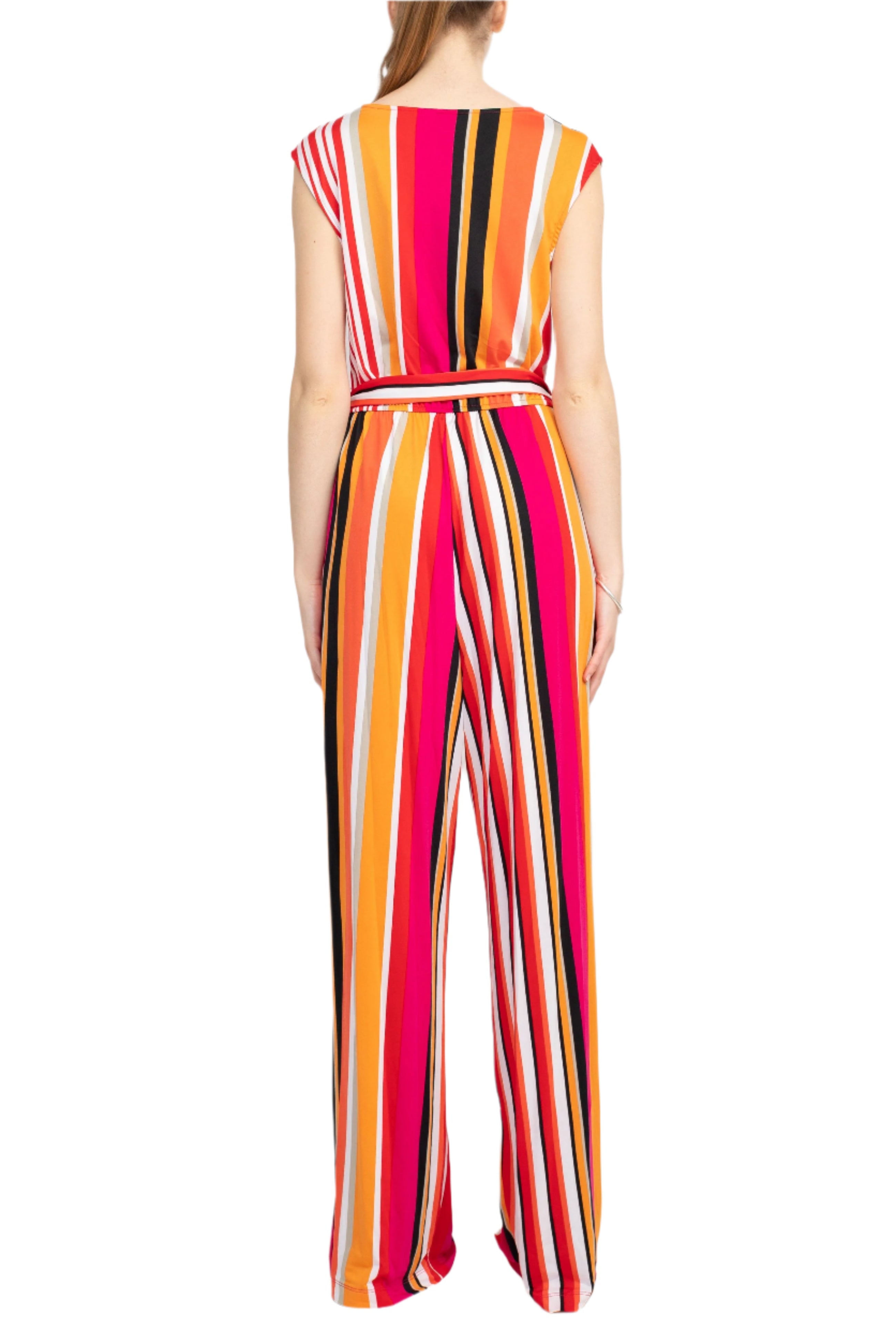 Emma & Michele V-Neck Mock Wrap Top Tie Waist Stripe Print ITY Jumpsuit