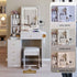 Cabinet Vanity Table & Cushioned Stool, USB Power Station, Hair Dryer Bracket - White