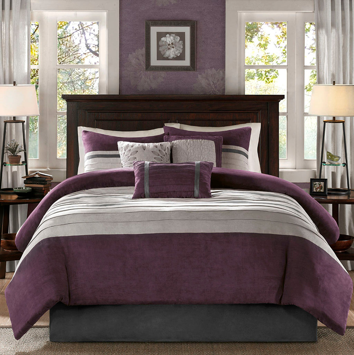 7 Pc Pieced Faux Suede Comforter Set Purple California King