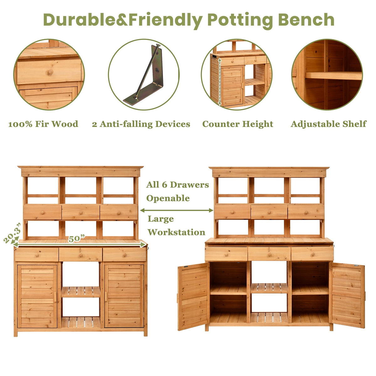 Tall Garden Potting Bench Table with Hutch - Durable Fir Wood