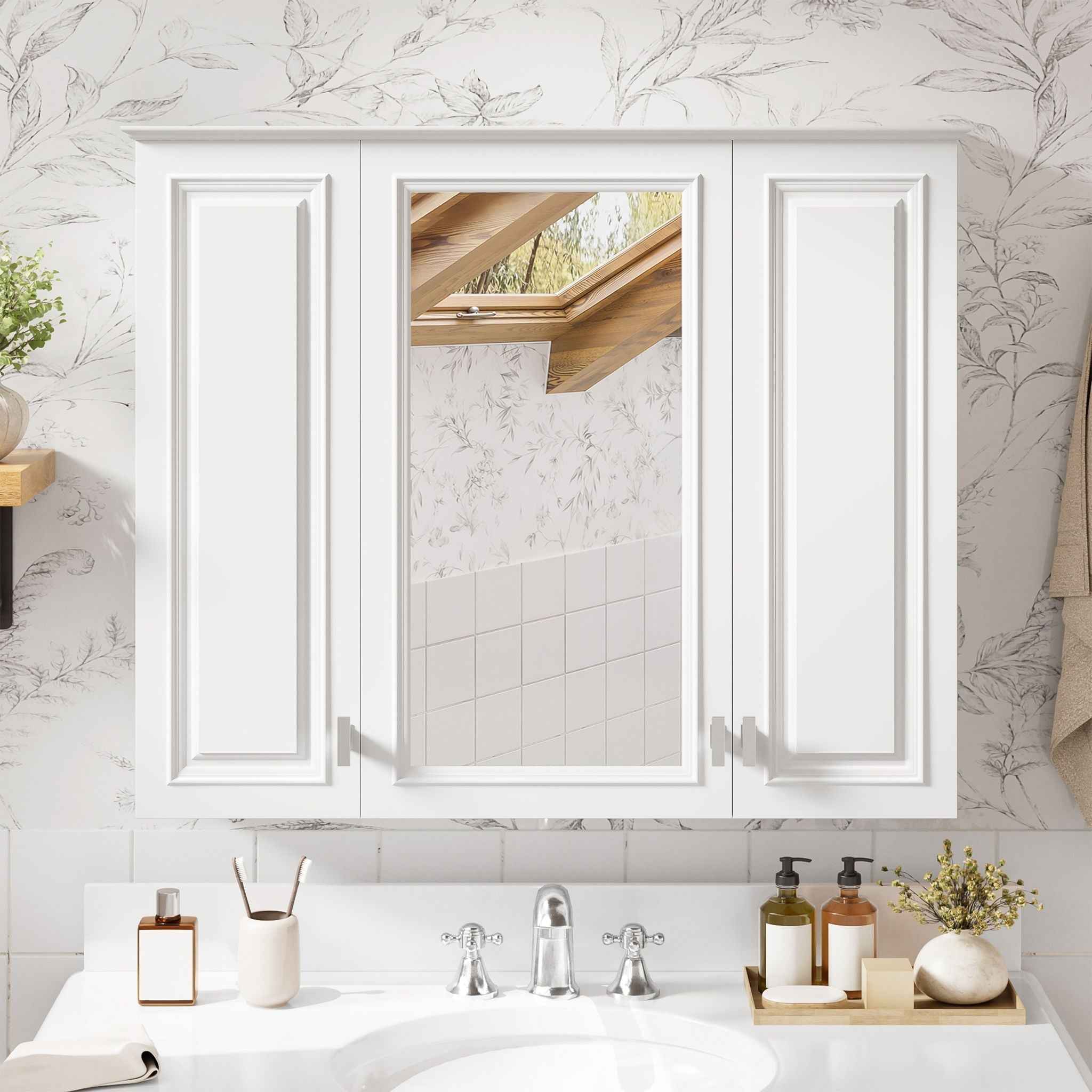 Wall Mounted Mirror Cabinet With 5 Adjustable Shelves, Rectangular Storage For Bathroom - White