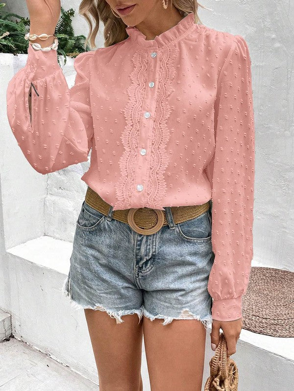 Miss Sparkling Swiss Dot Lace Frill Neck Top