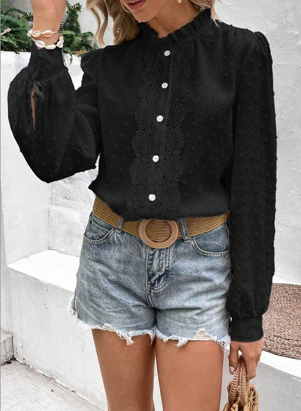 Miss Sparkling Swiss Dot Lace Frill Neck Top