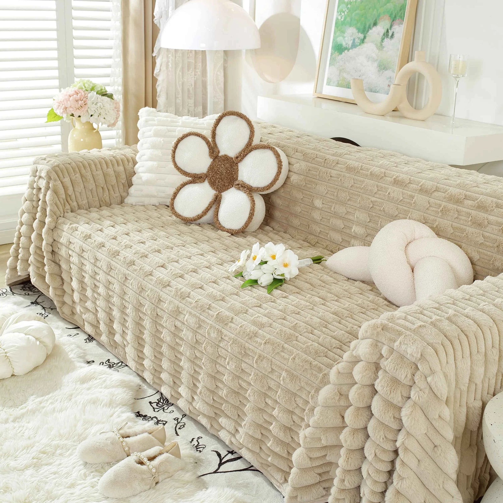 Fluffy Faux Fur Couch Cover Plush Sofa Throw, Warm & Stylish Sofa Protector