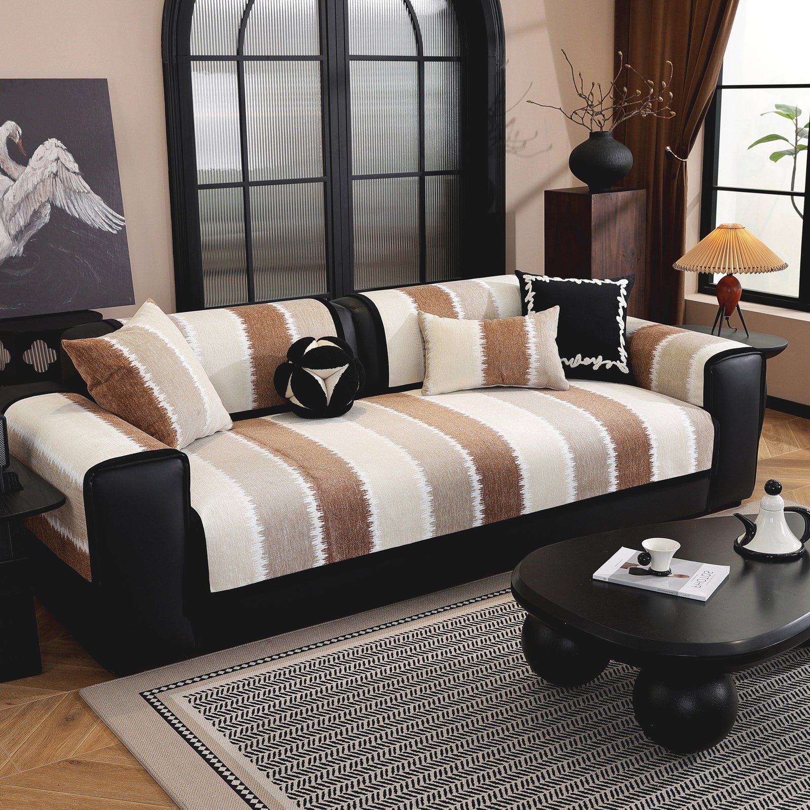 Striped Colorblock Non-Slip Sectional Couch Covers, Chenille Sofa Protector Cover