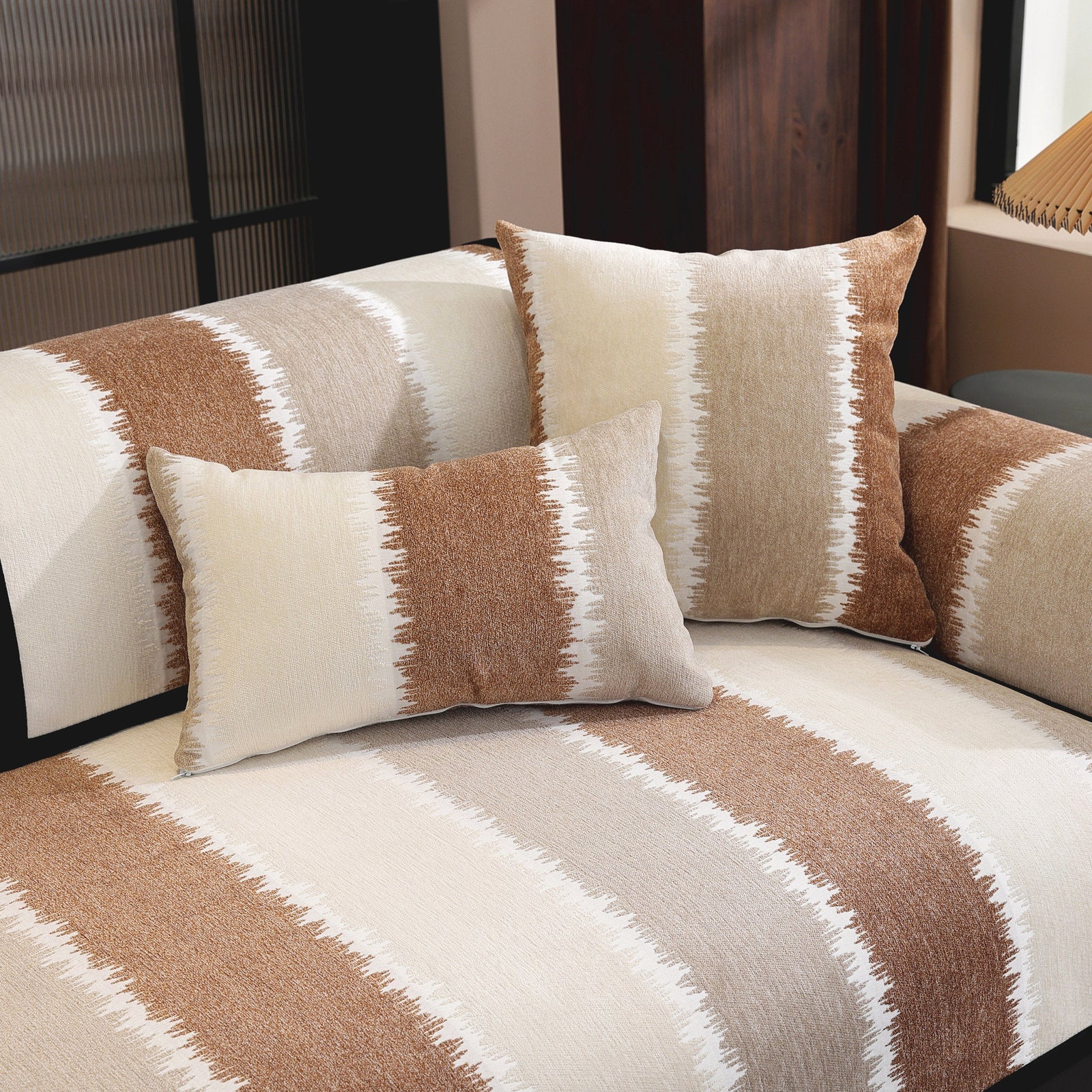 Striped Colorblock Non-Slip Sectional Couch Covers, Chenille Sofa Protector Cover
