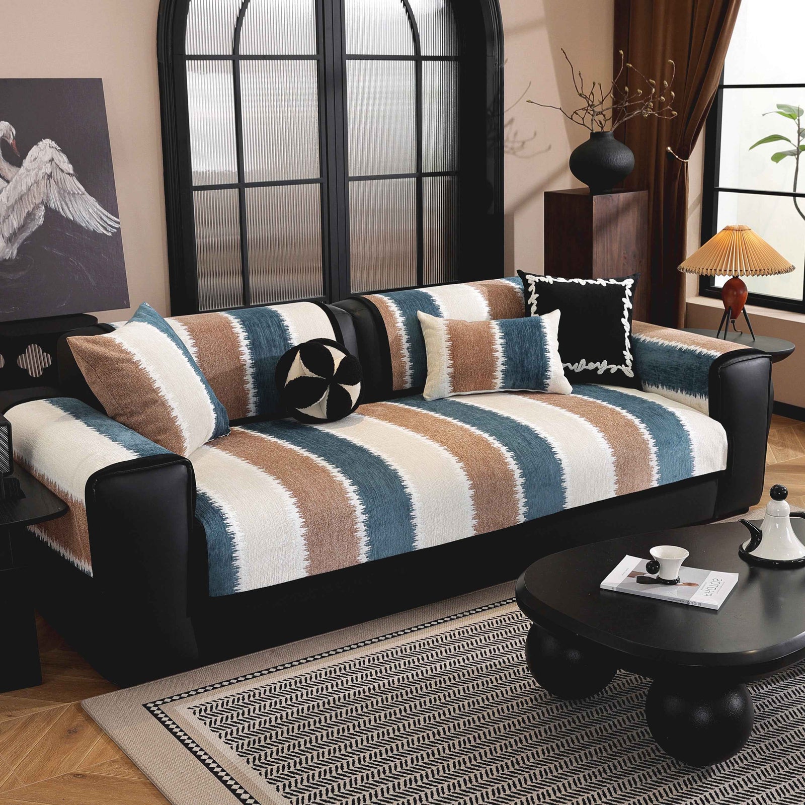 Striped Colorblock Non-Slip Sectional Couch Covers, Chenille Sofa Protector Cover