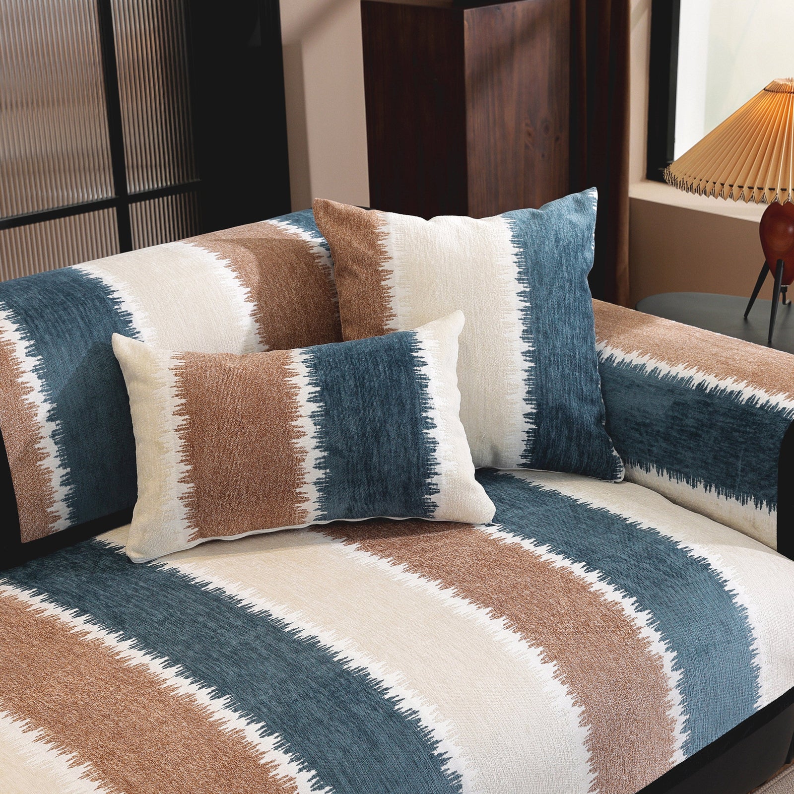Striped Colorblock Non-Slip Sectional Couch Covers, Chenille Sofa Protector Cover