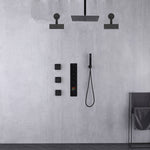 Matte Black Rainfall Shower System: 12" or 16" with 5-Way Thermostatic Valve, Body Jets
