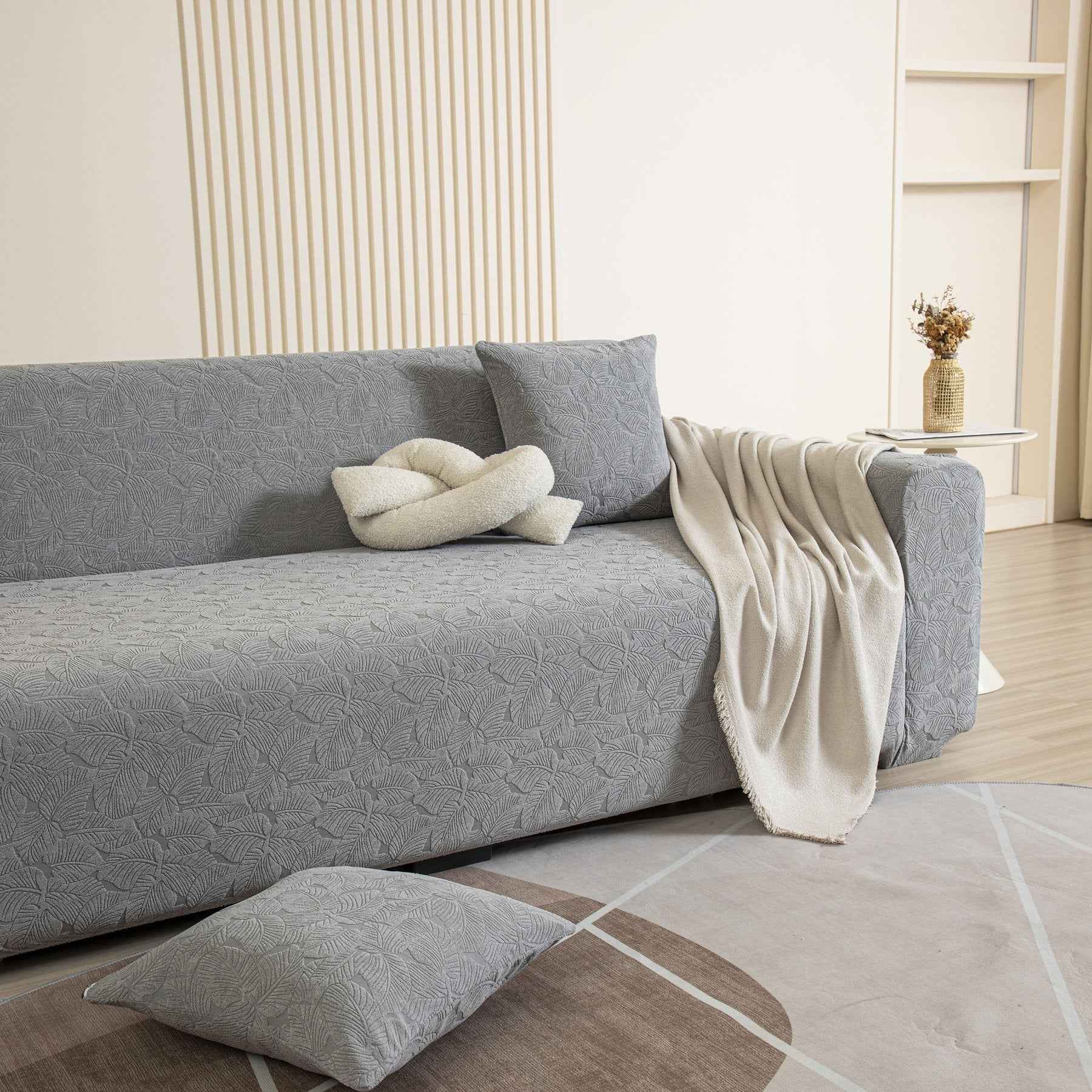 3D Jacquard Leaf Pattern Couch Slipcover, High Stretch Washable Textured Sofa Cover