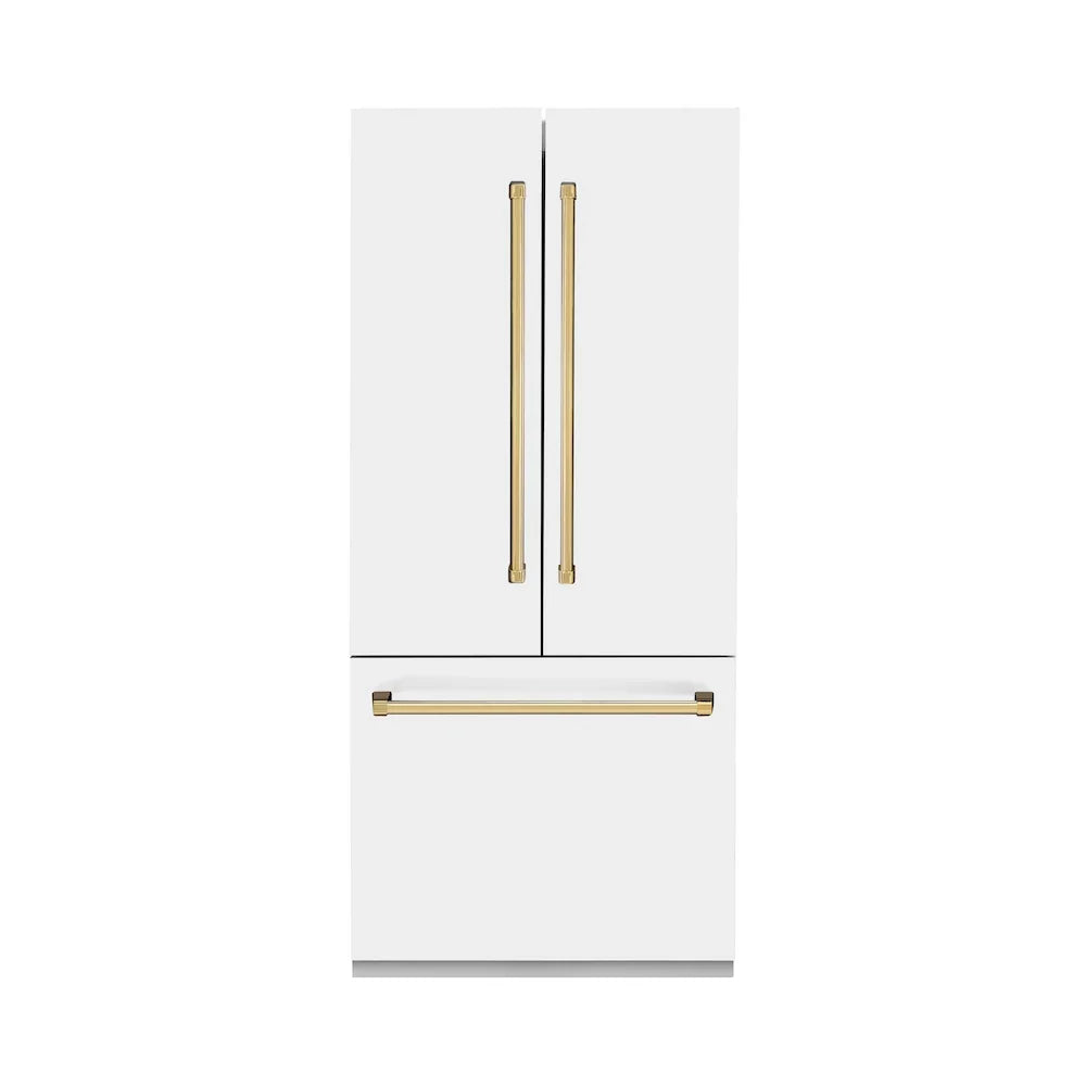 ZLINE Autograph Edition French Door Refrigerator, Internal Water, Ice Dispenser, White Matte, Champagne Bronze Accents RBIVZ-WM