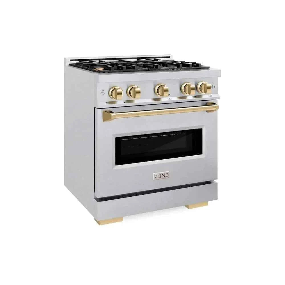 ZLINE 30" Dual Fuel Range, Gas Cooktop, Electric Convection Oven DuraSnow® Stainless Steel, Gold CDRSZ-30-G