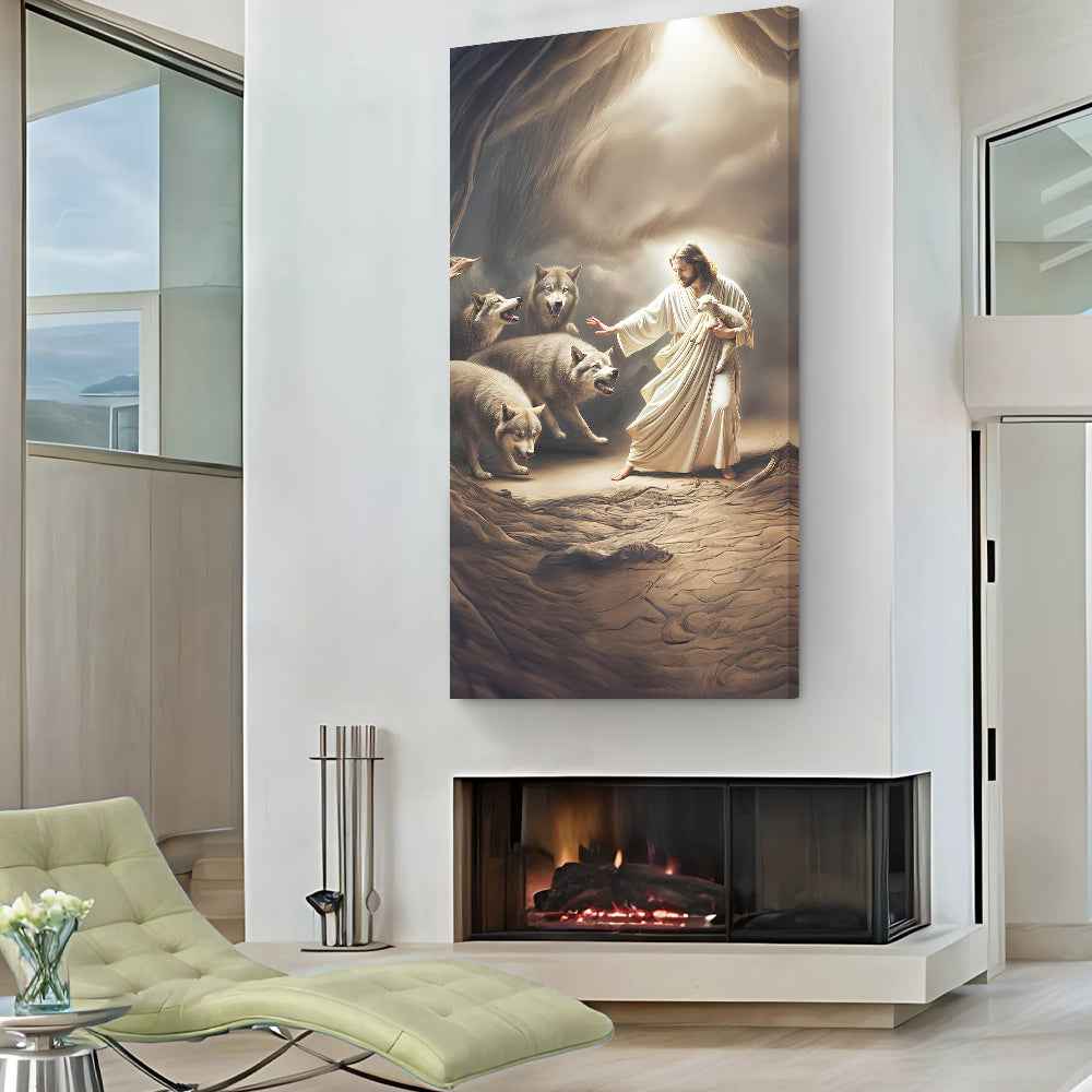 Jesus Protects The Lamb From Wolves Faith Wall Art VII