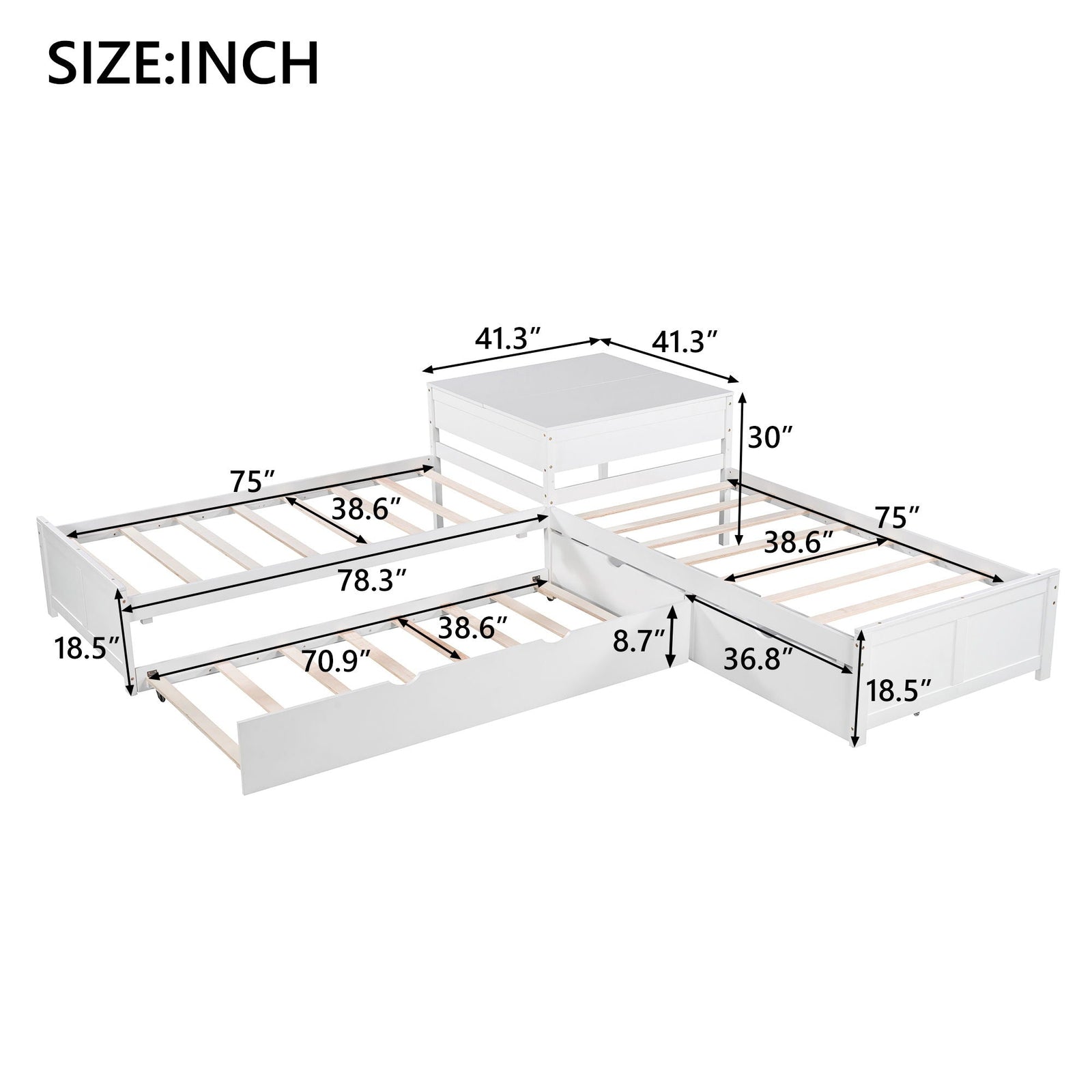 L Shaped Platform Bed With Trundle And Drawers Linked With Built In Desk