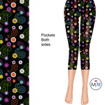 Black Paisley Colorful Capri Length Leggings with pockets
