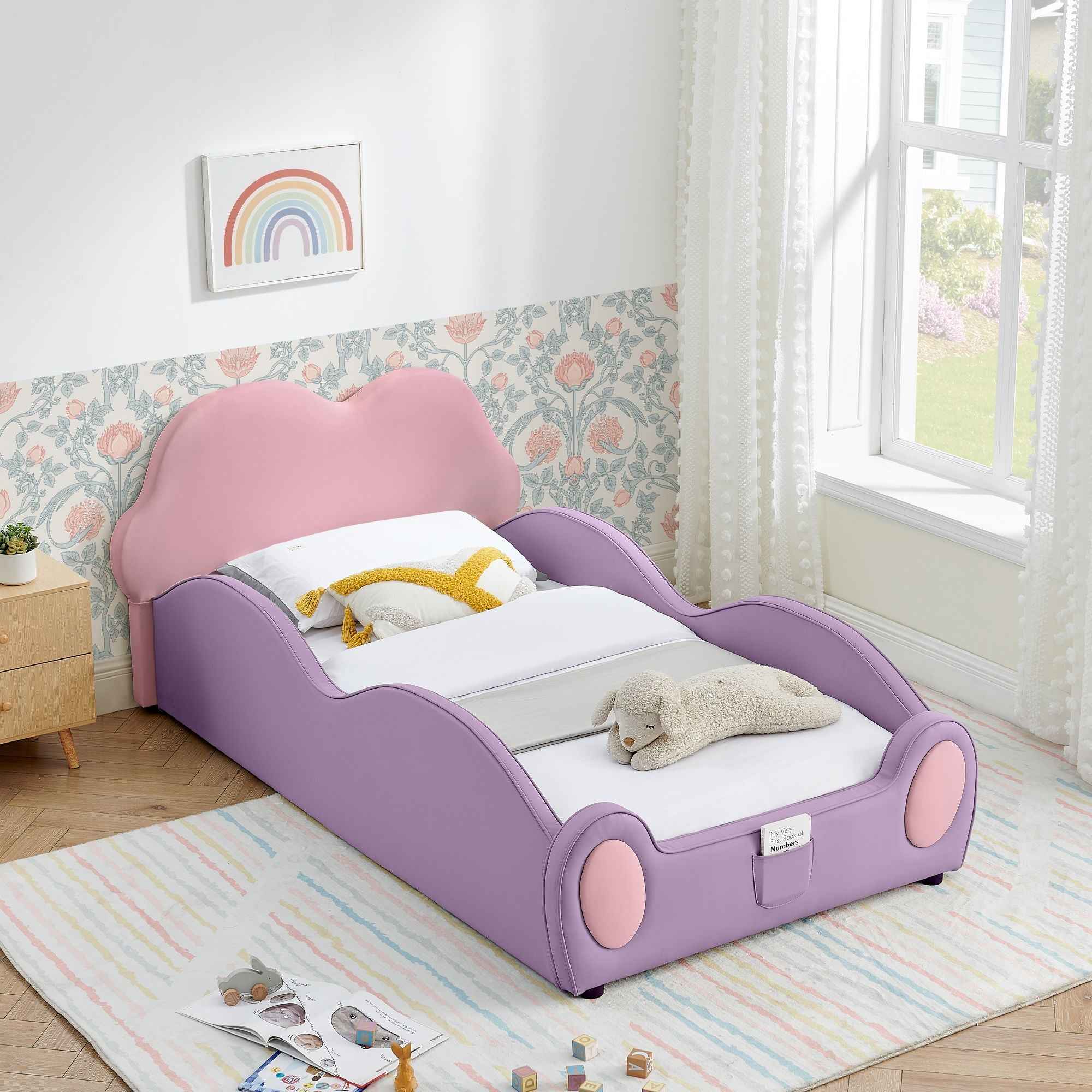 Cute Cloud Shape Bed With Guardrails Cartoon Design, Storage Pocket