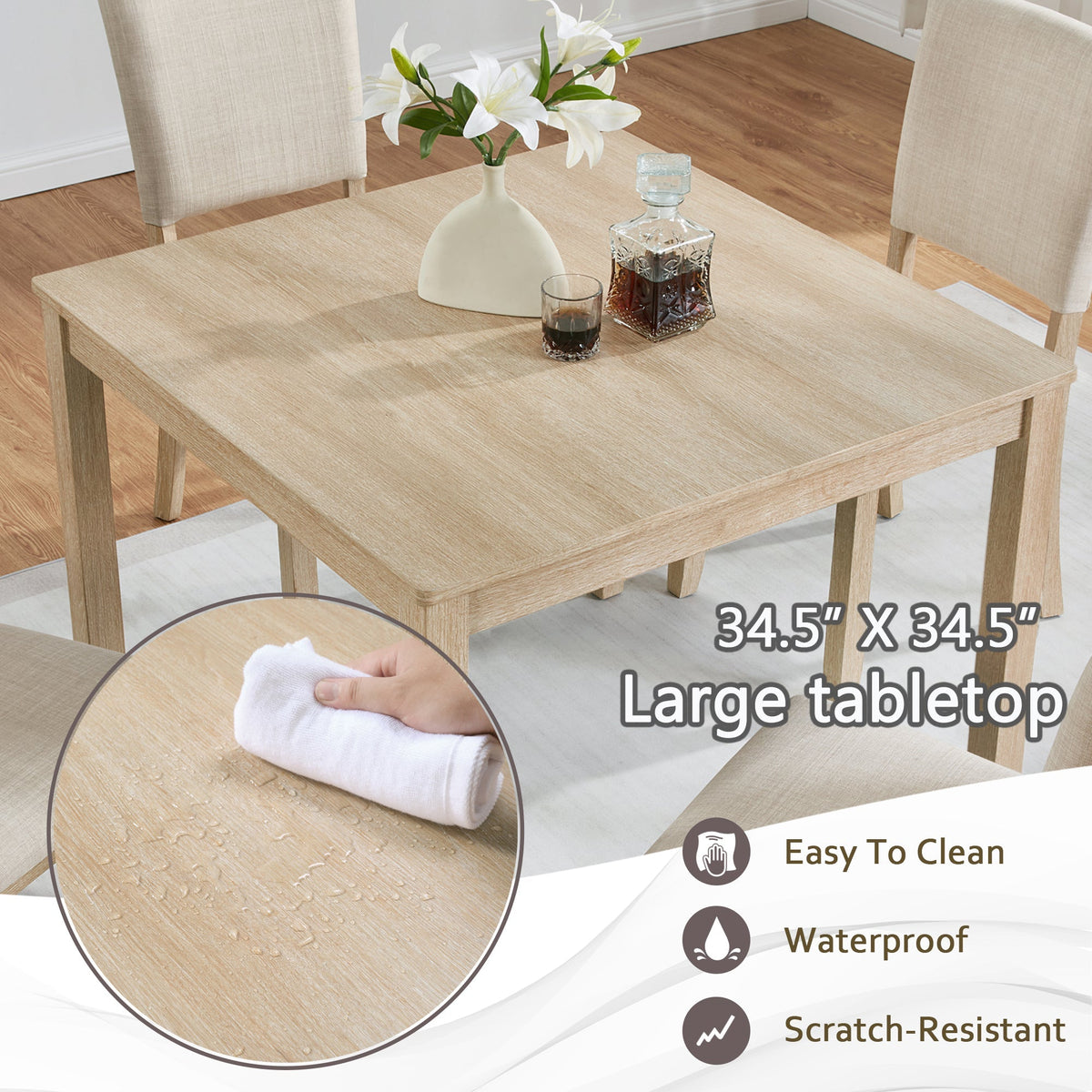 Modern 5-Piece Wooden Dining Table Set for 4 People in Light Oak