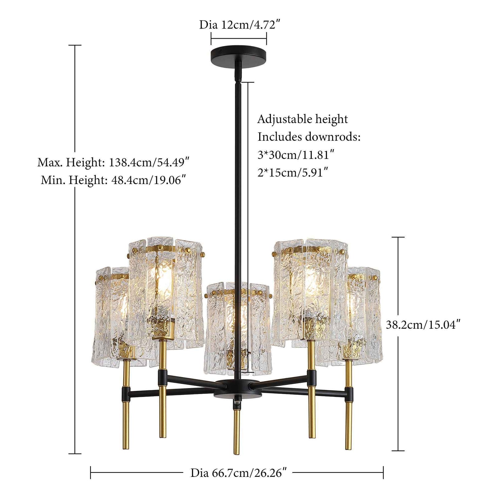 5 Light Chandelier, Textured Glass Pendant Light, (Not Including The Bulb) For Living Room - Black / Gold