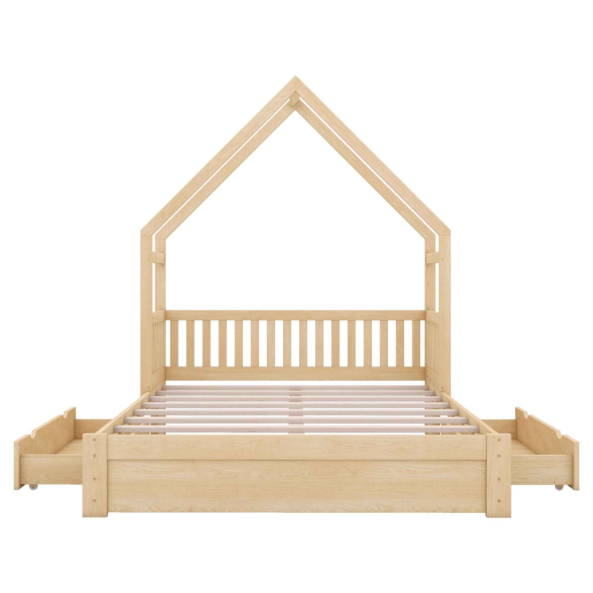 House Style Platform Bed With Guardrail And 2 Drawers