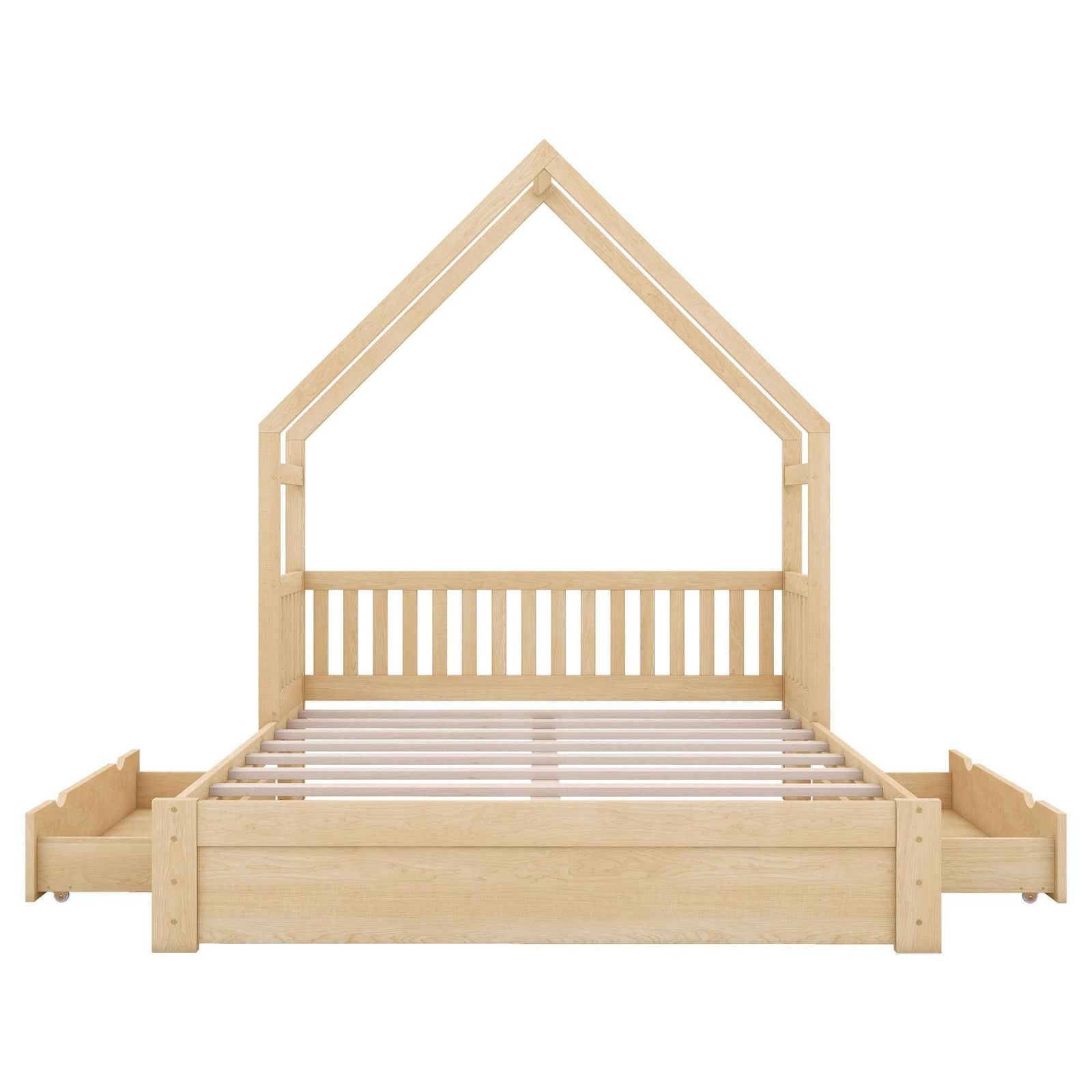 House Style Platform Bed With Guardrail And 2 Drawers