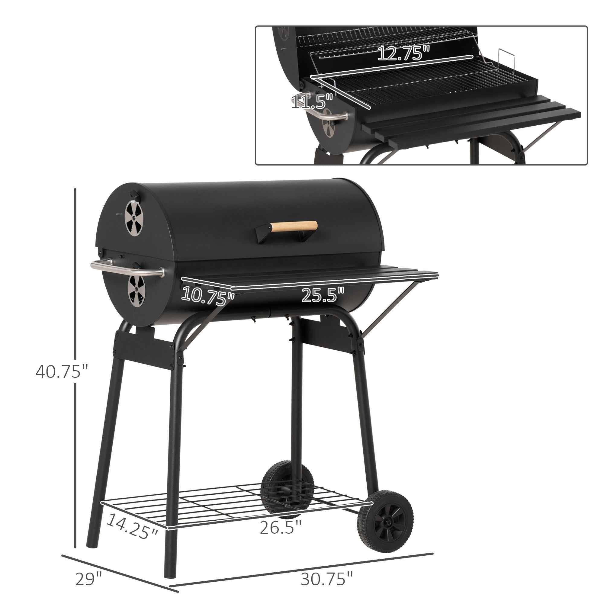 Outsunny 30' Portable Barrel Charcoal BBQ Grill Steel Outdoor Smoker