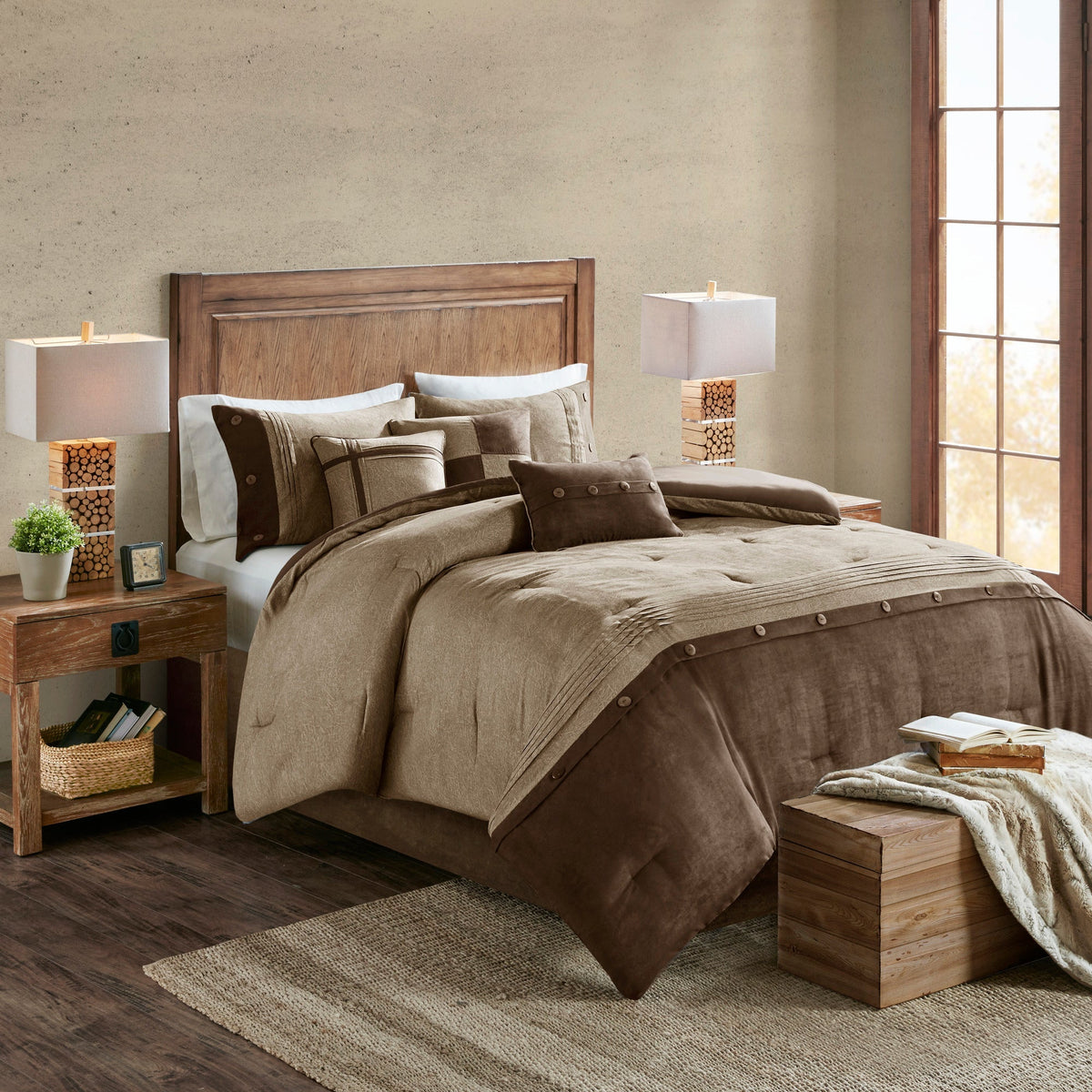 7 Piece Faux Suede Comforter Set Brown Queen