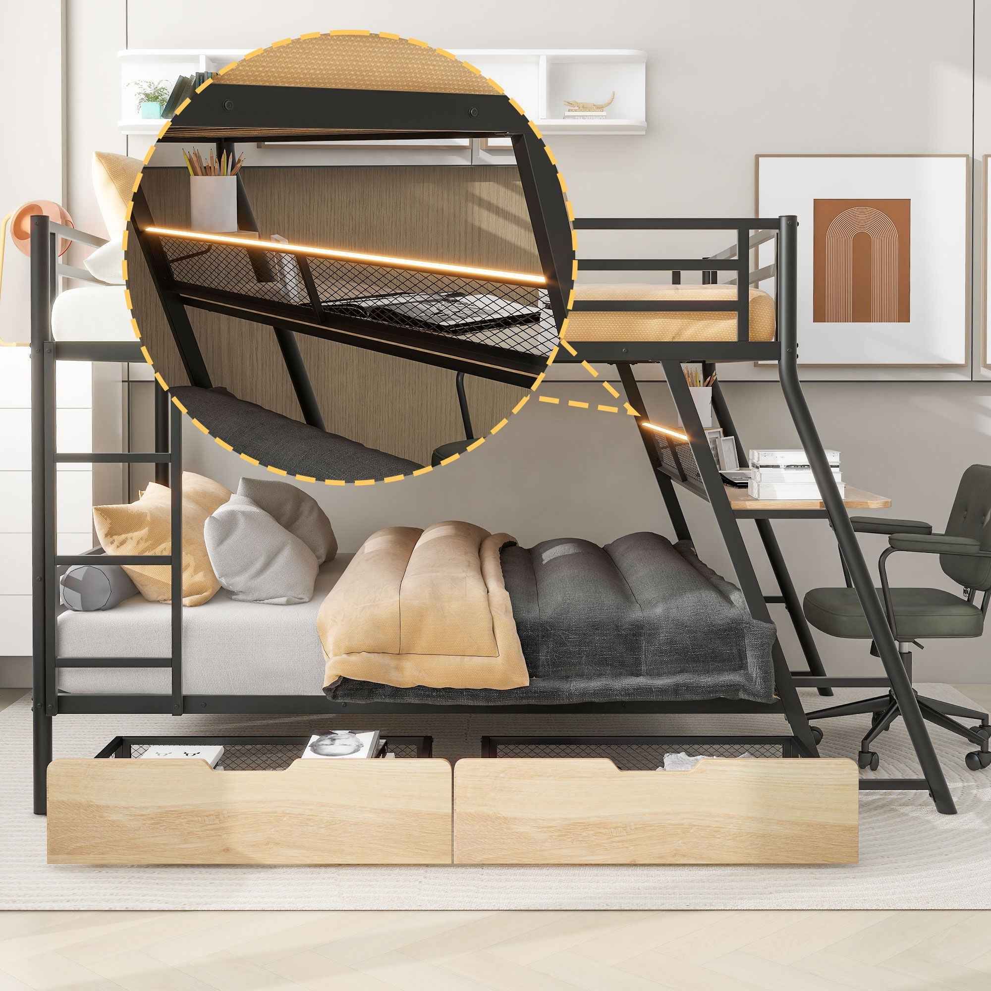 Full Size Bunk Bed With Built In Desk, Light, And 2 Drawers - Black