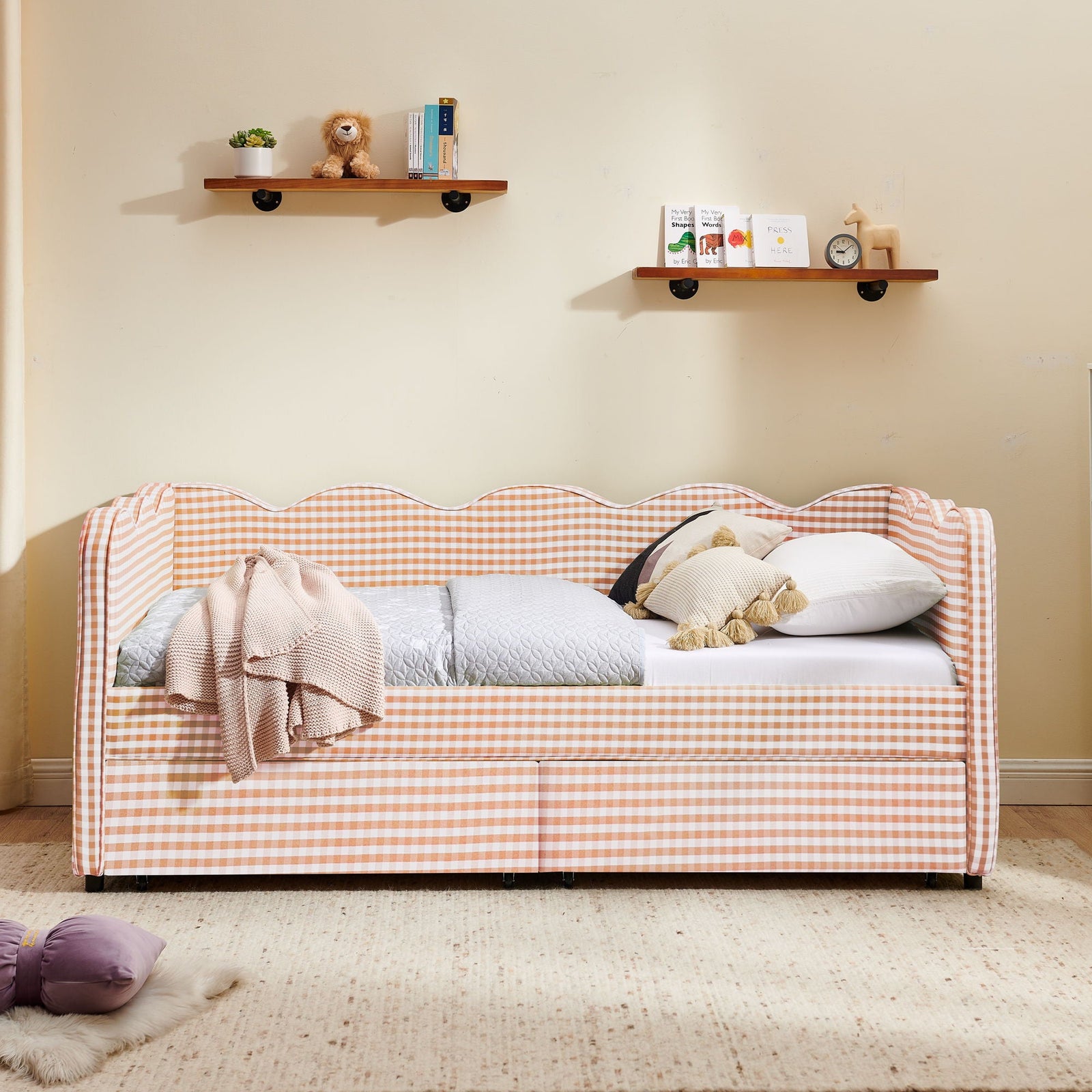 Gingham Daybed With USB Charging Port, Wave-Shaped Design